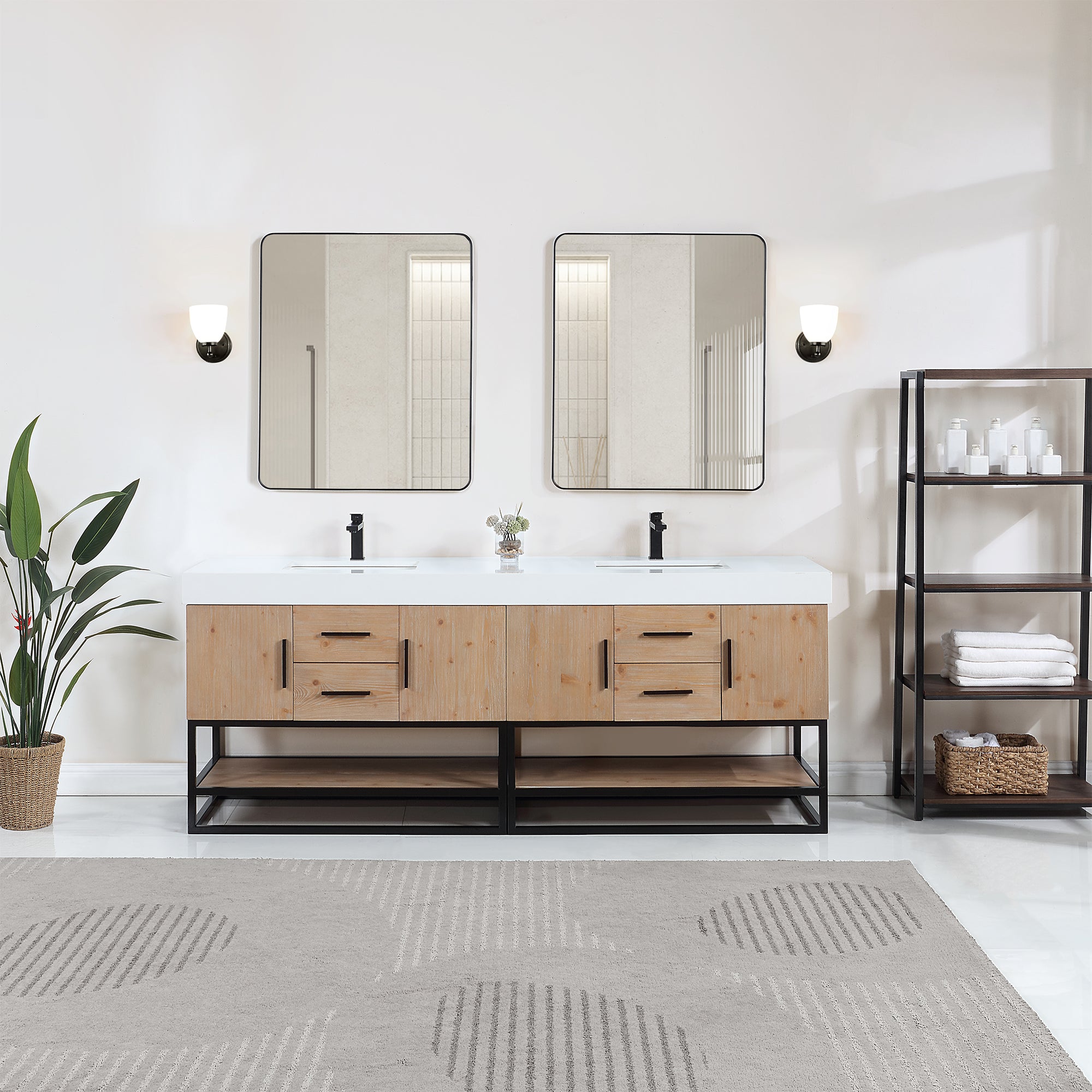 Bianco Double Bathroom Vanity in Light Brown with White Composite Stone Countertop