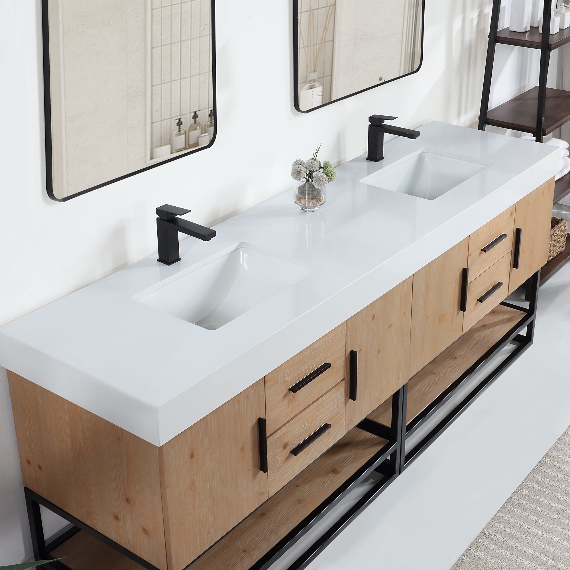 Bianco Double Bathroom Vanity in Light Brown with White Composite Stone Countertop