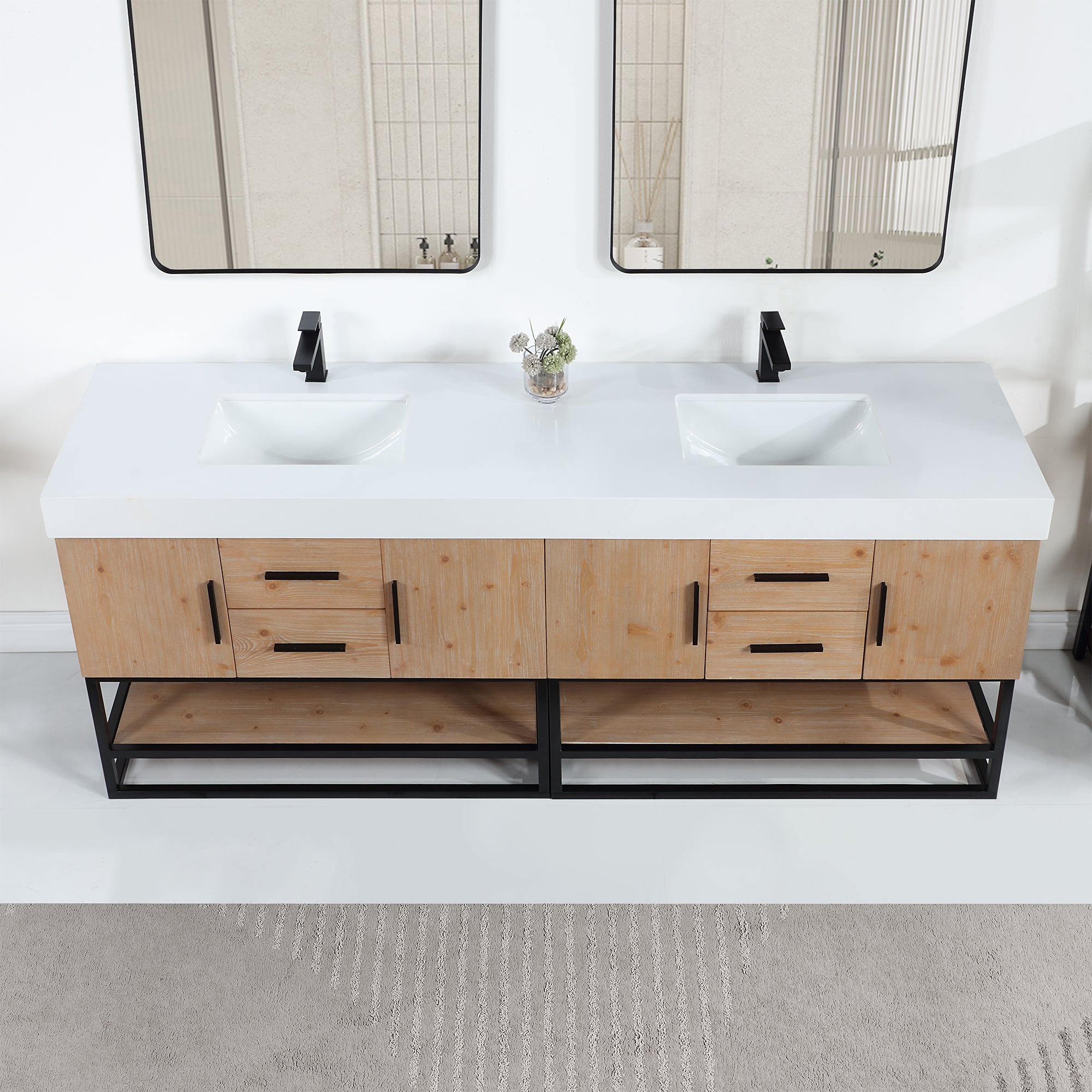 Bianco Double Bathroom Vanity in Light Brown with White Composite Stone Countertop