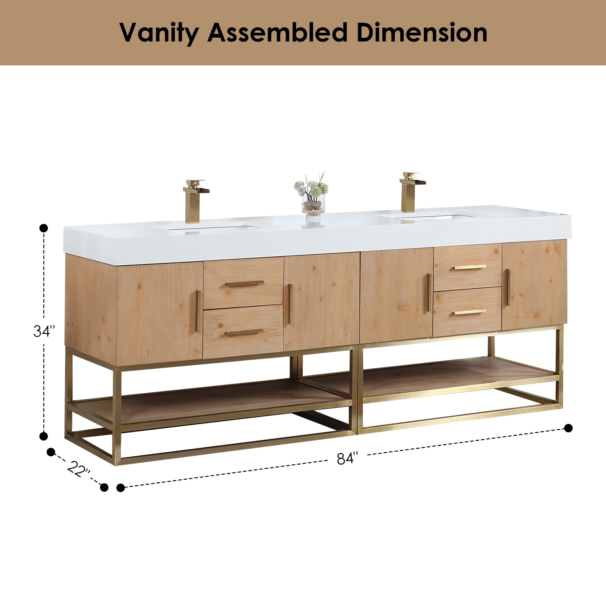 Bianco Double Bathroom Vanity in Light Brown with White Composite Stone Countertop