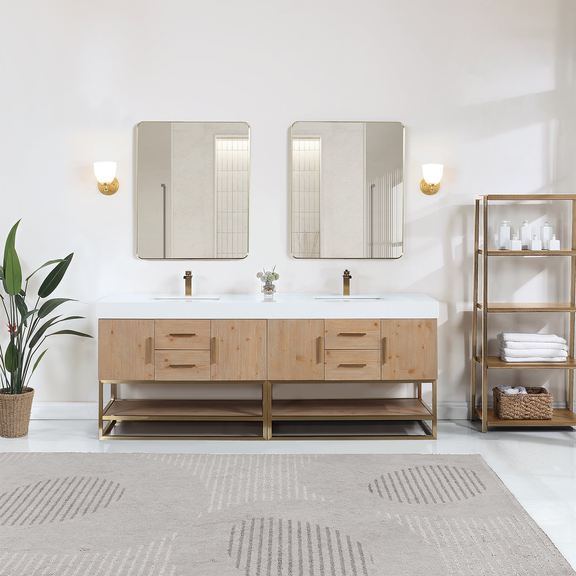 Bianco Double Bathroom Vanity in Light Brown with White Composite Stone Countertop