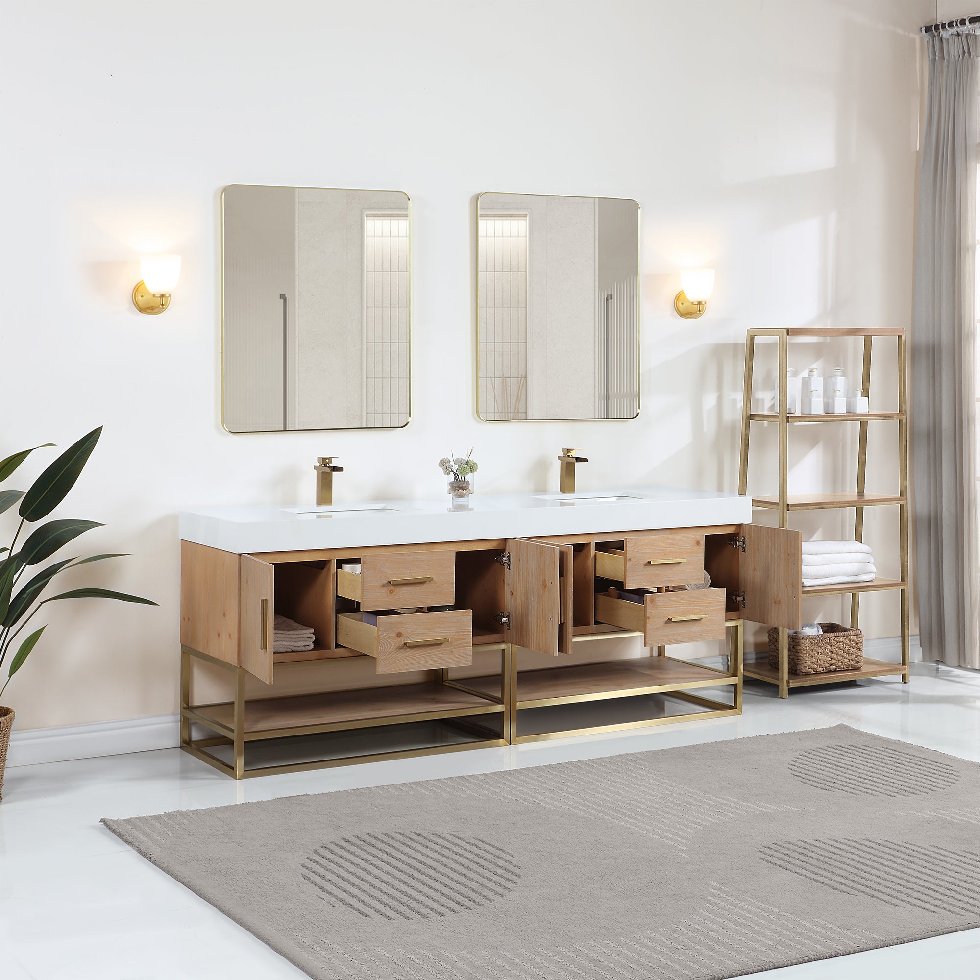 Bianco Double Bathroom Vanity in Light Brown with White Composite Stone Countertop