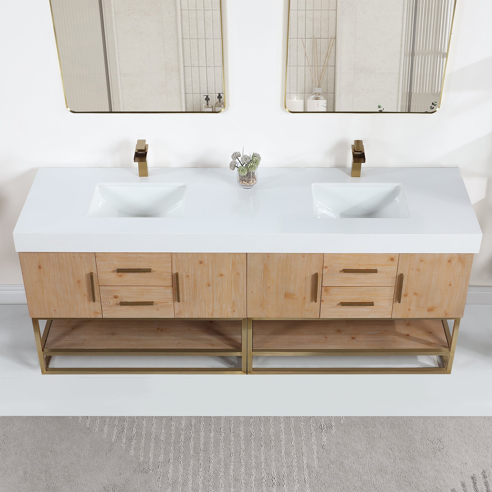 Bianco Double Bathroom Vanity in Light Brown with White Composite Stone Countertop