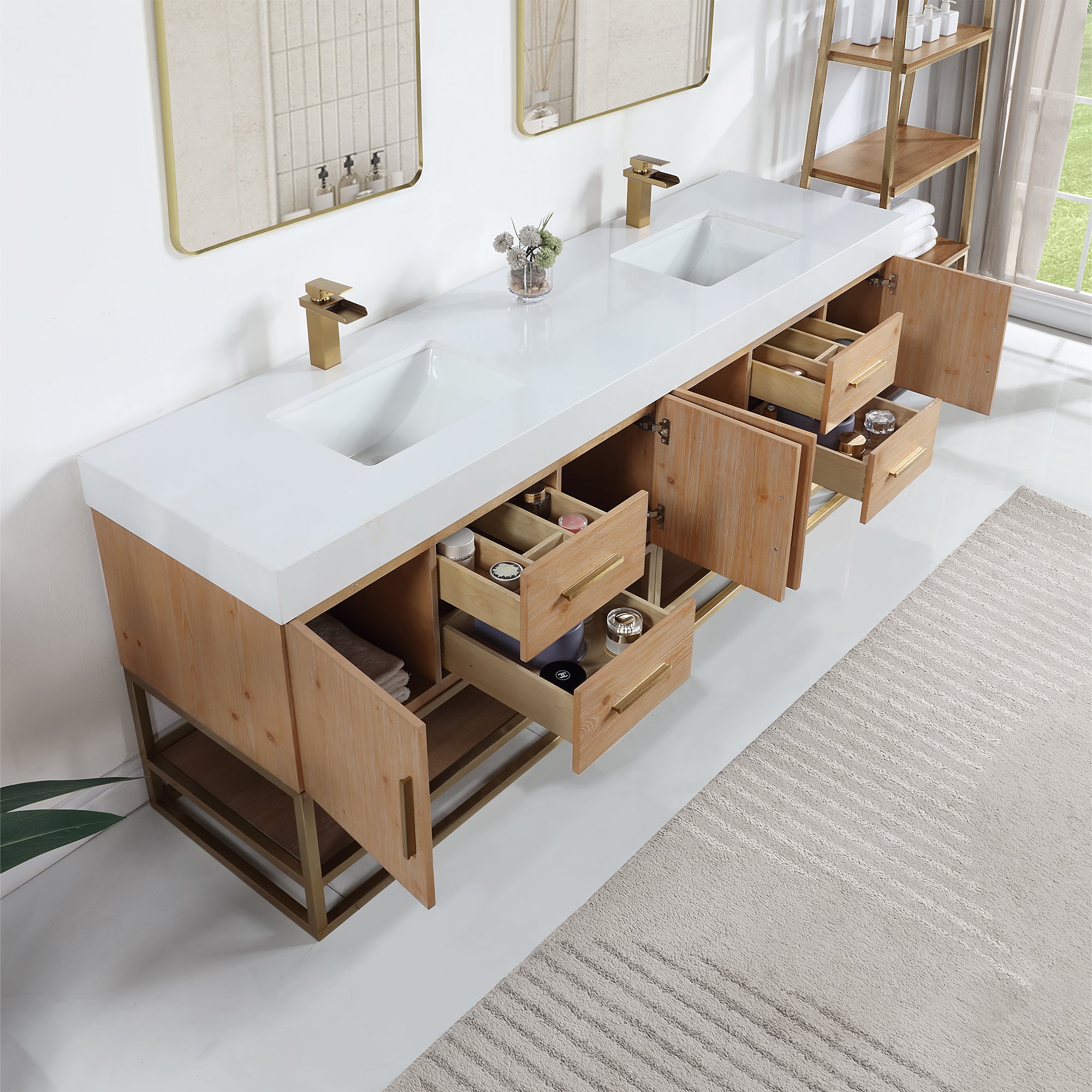 Bianco Double Bathroom Vanity in Light Brown with White Composite Stone Countertop