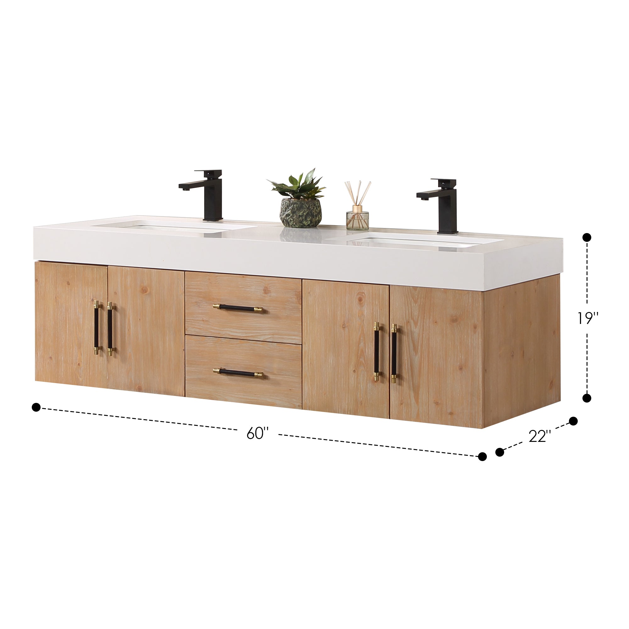 Corchia Wall-mounted Double Bathroom Vanity with White Composite Stone Countertop