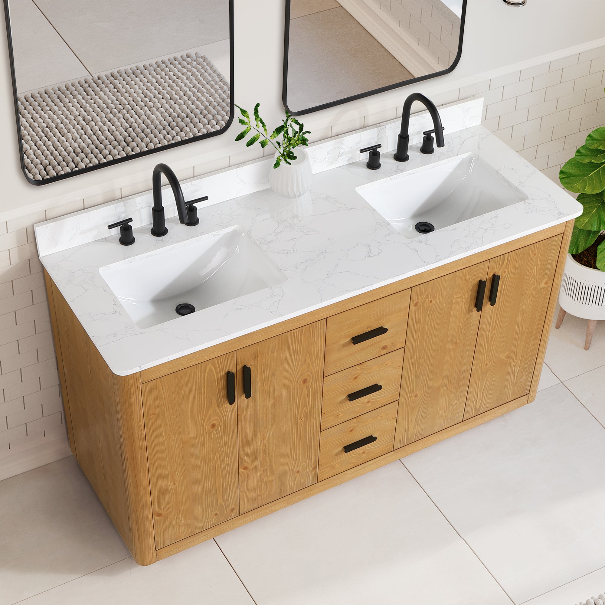 Perla 60" Double Bathroom Vanity with Grain White Composite Stone Countertop