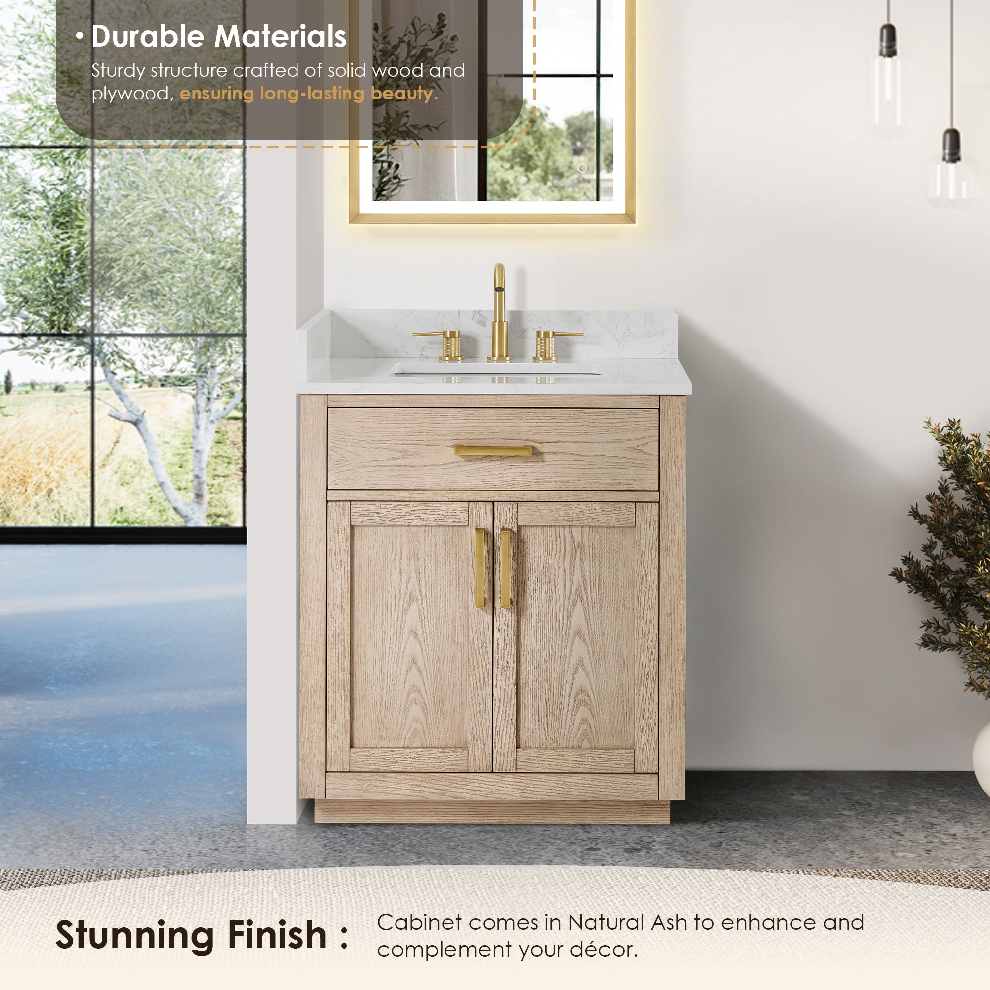 Gavino 30" Single Bathroom Vanity with Grain White Engineered Stone Countertop