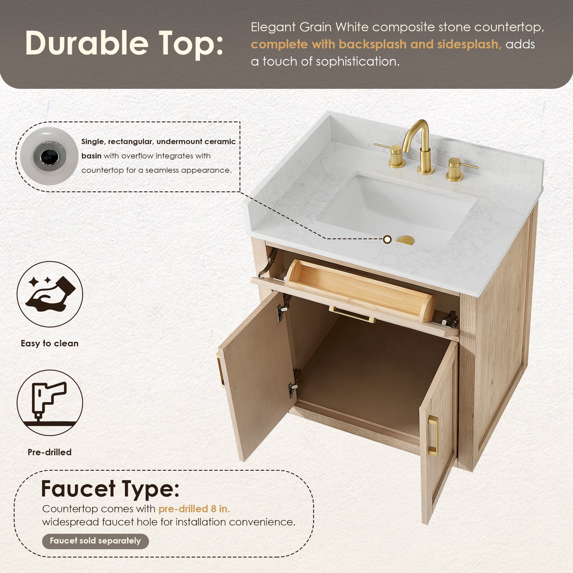 Gavino 30" Single Bathroom Vanity with Grain White Engineered Stone Countertop