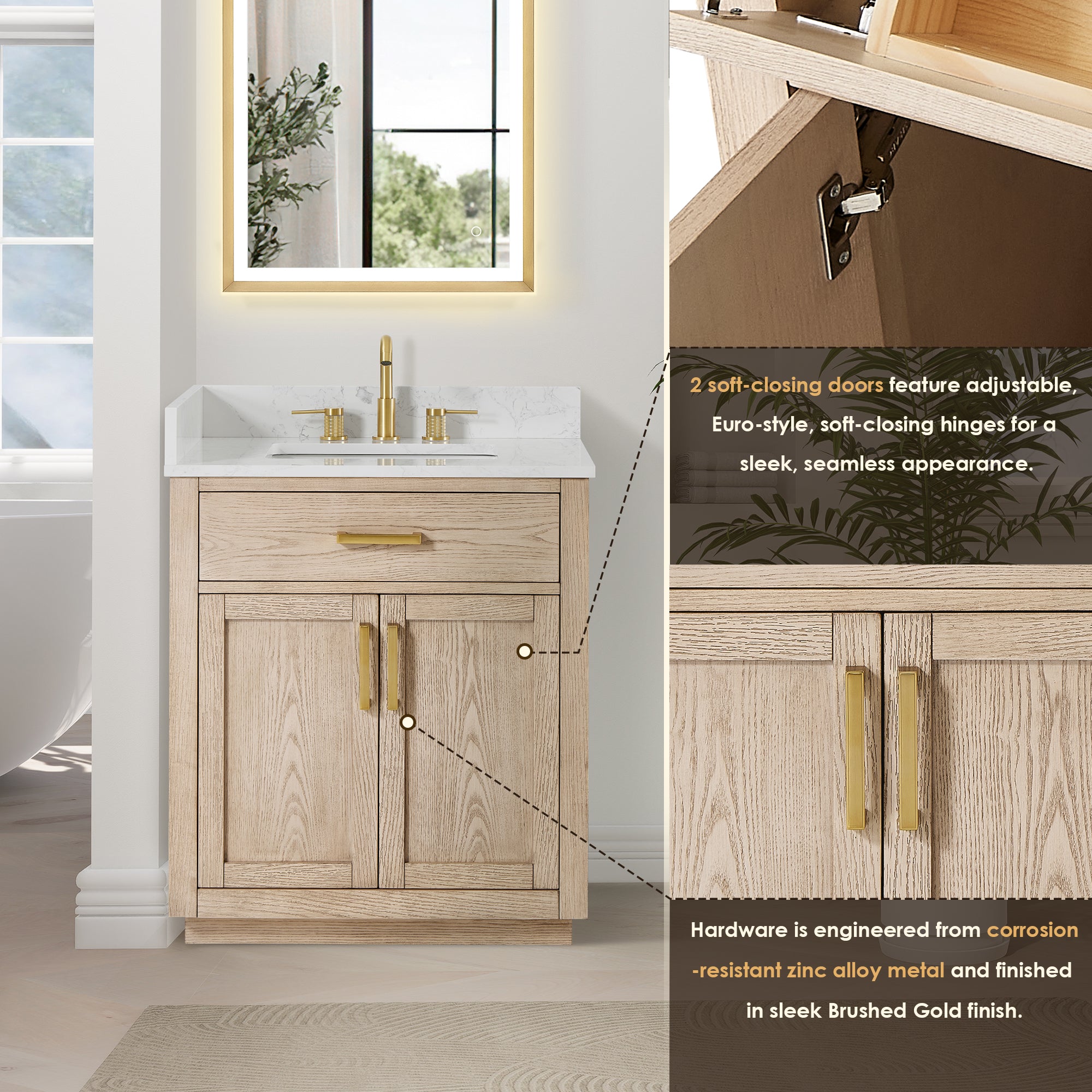 Gavino 30" Single Bathroom Vanity with Grain White Engineered Stone Countertop