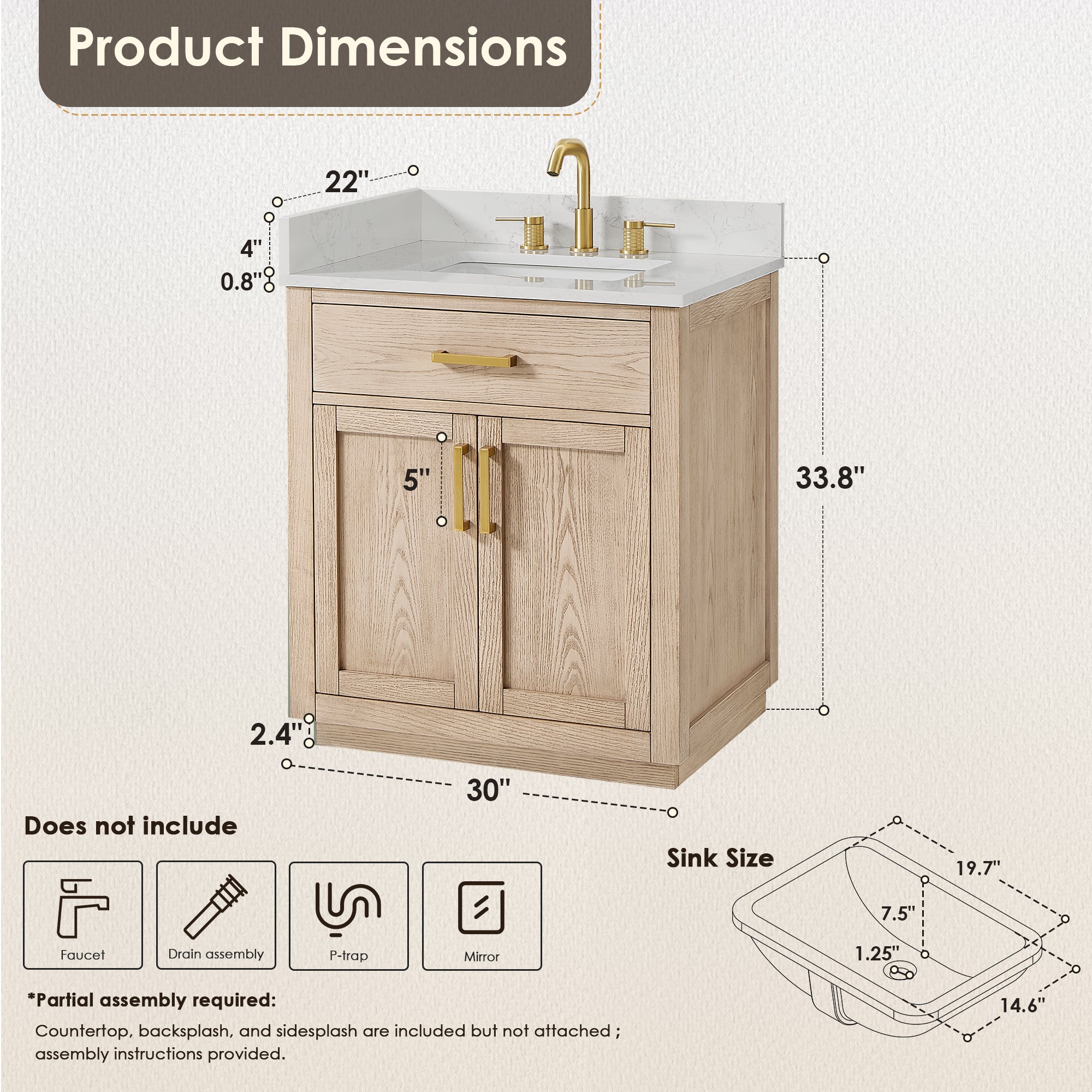 Gavino 30" Single Bathroom Vanity with Grain White Engineered Stone Countertop
