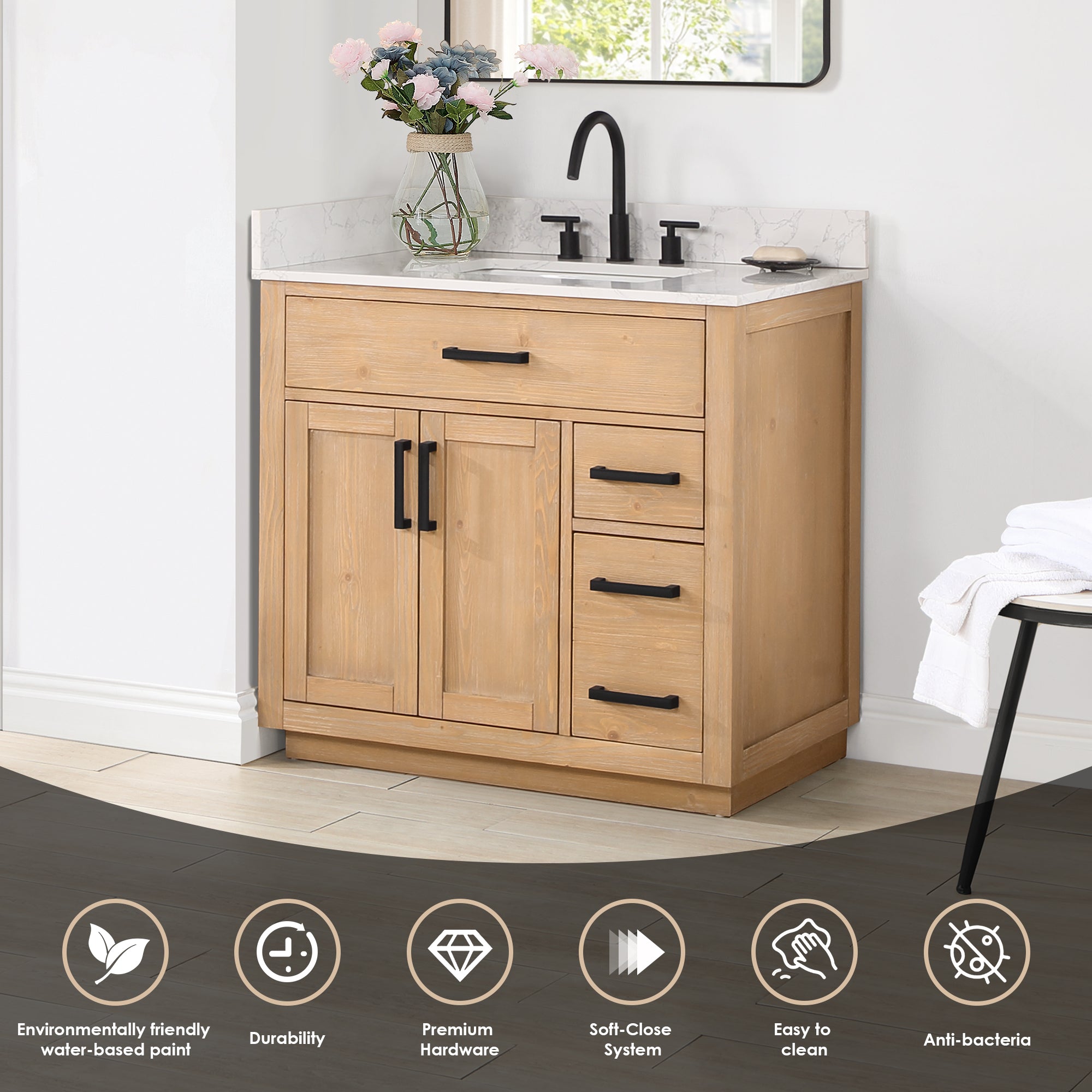 Gavino 36" Single Bathroom Vanity with Grain White Composite Stone Countertop