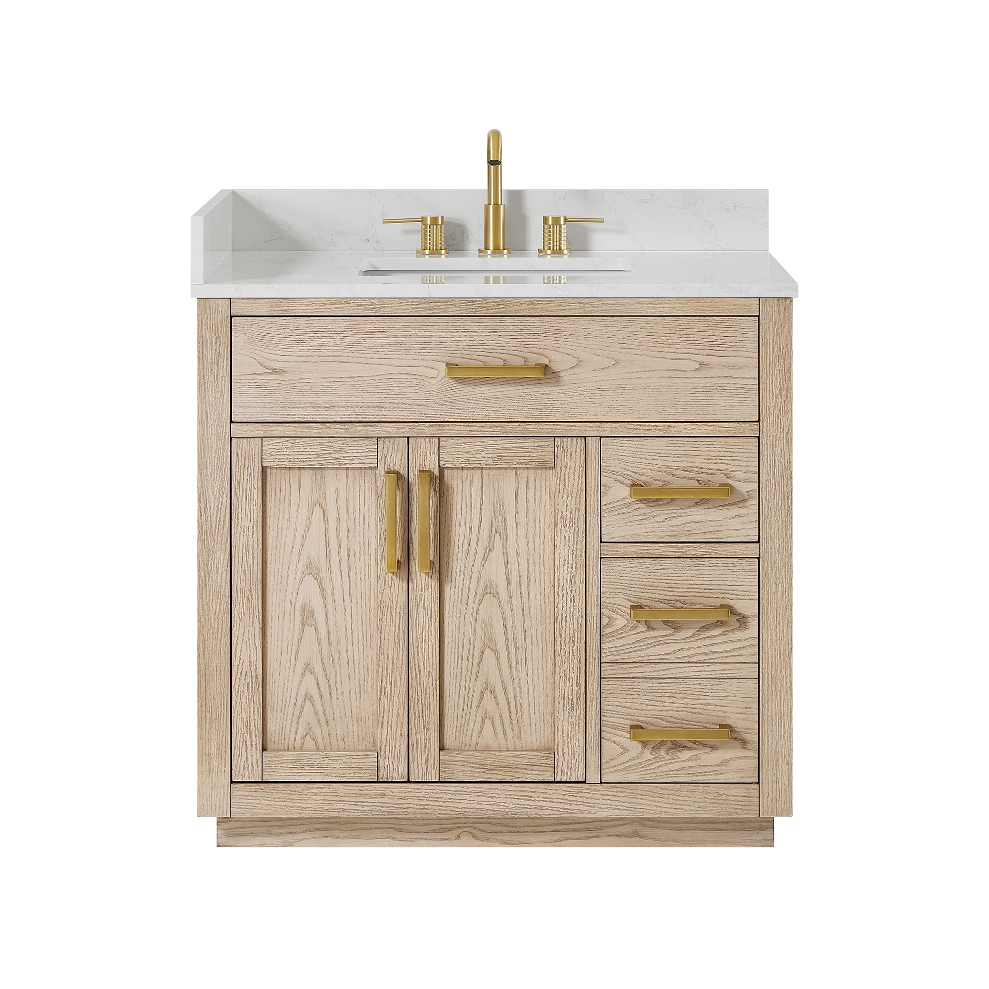 Gavino 36" Single Bathroom Vanity in Natural Ash with Grain White Engineered Stone Countertop without Mirror
