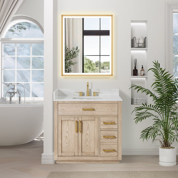 Gavino 36" Single Bathroom Vanity in Natural Ash with Grain White Engineered Stone Countertop without Mirror