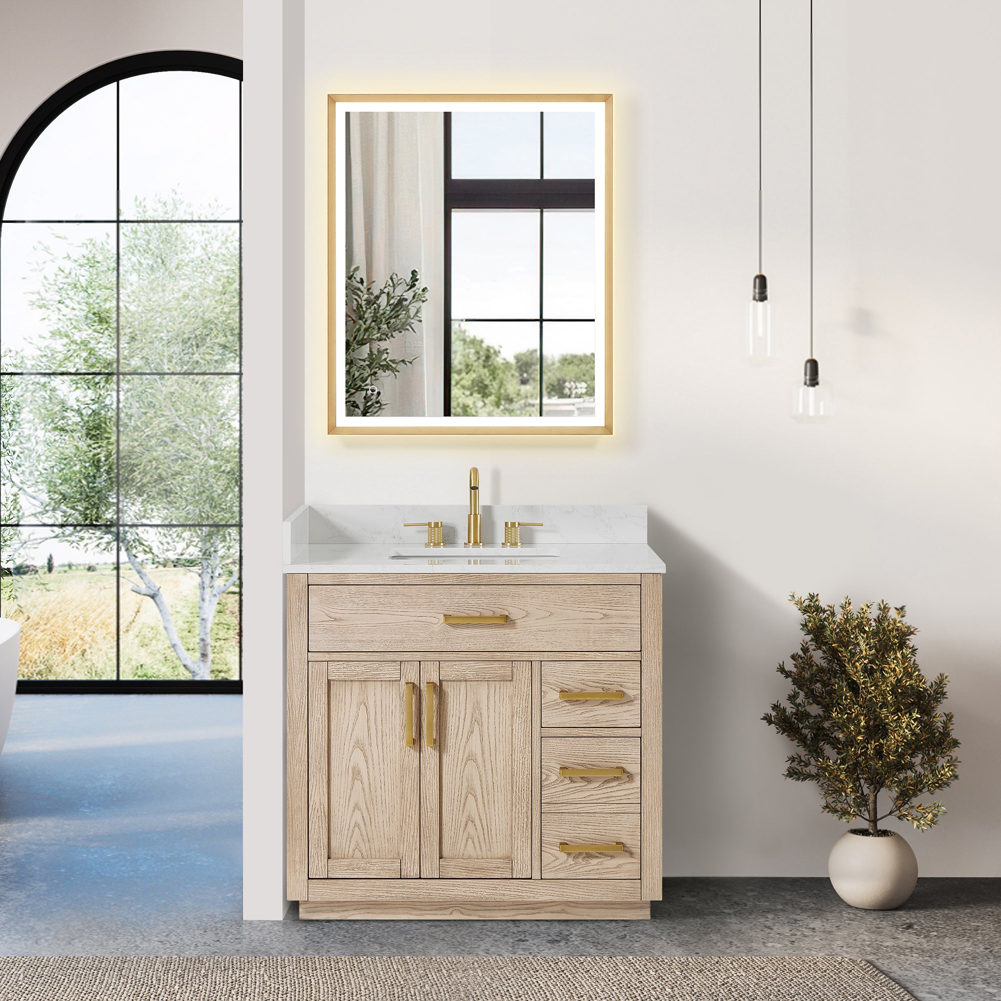 Gavino 36" Single Bathroom Vanity in Natural Ash with Grain White Engineered Stone Countertop without Mirror