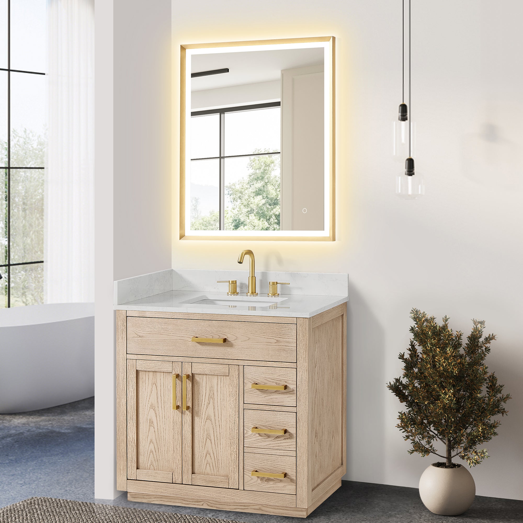 Gavino 36" Single Bathroom Vanity in Natural Ash with Grain White Engineered Stone Countertop without Mirror