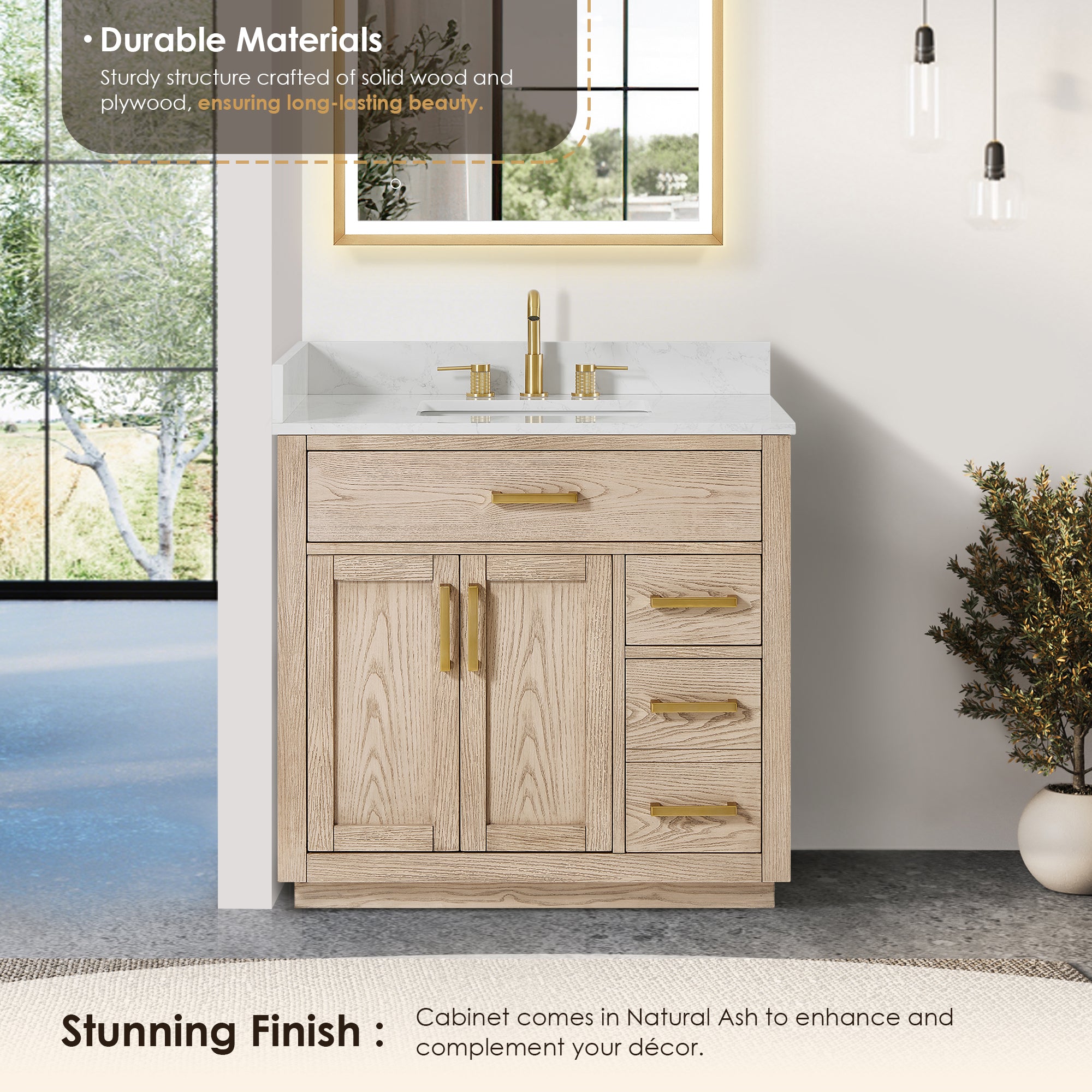 Gavino 36" Single Bathroom Vanity in Natural Ash with Grain White Engineered Stone Countertop without Mirror