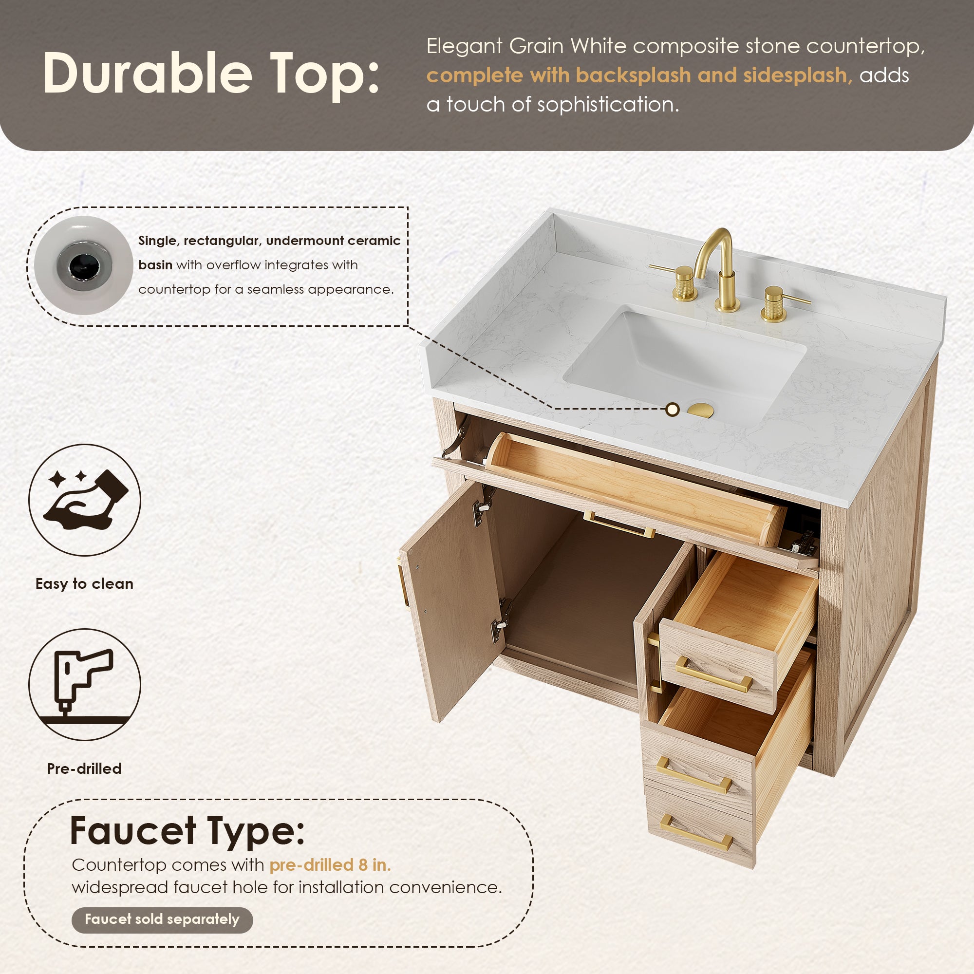 Gavino 36" Single Bathroom Vanity in Natural Ash with Grain White Engineered Stone Countertop without Mirror