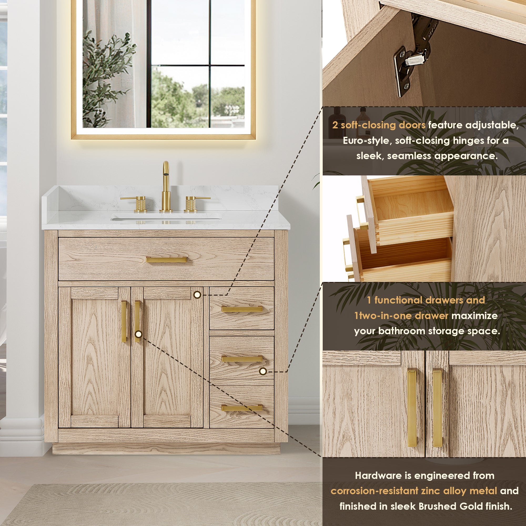 Gavino 36" Single Bathroom Vanity in Natural Ash with Grain White Engineered Stone Countertop without Mirror