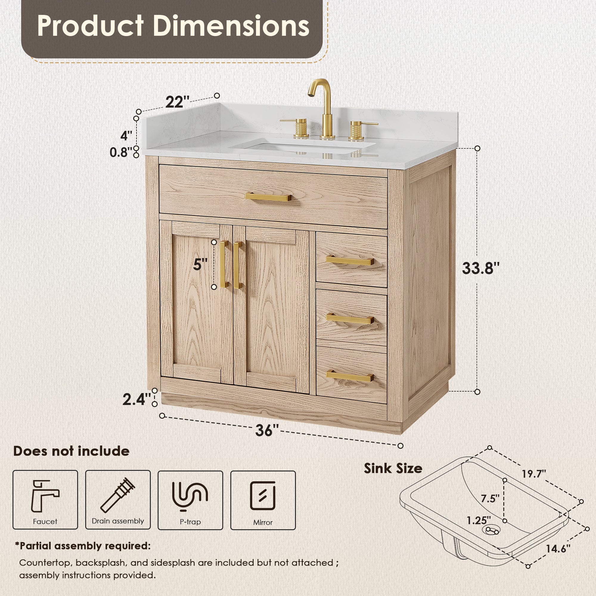 Gavino 36" Single Bathroom Vanity in Natural Ash with Grain White Engineered Stone Countertop without Mirror