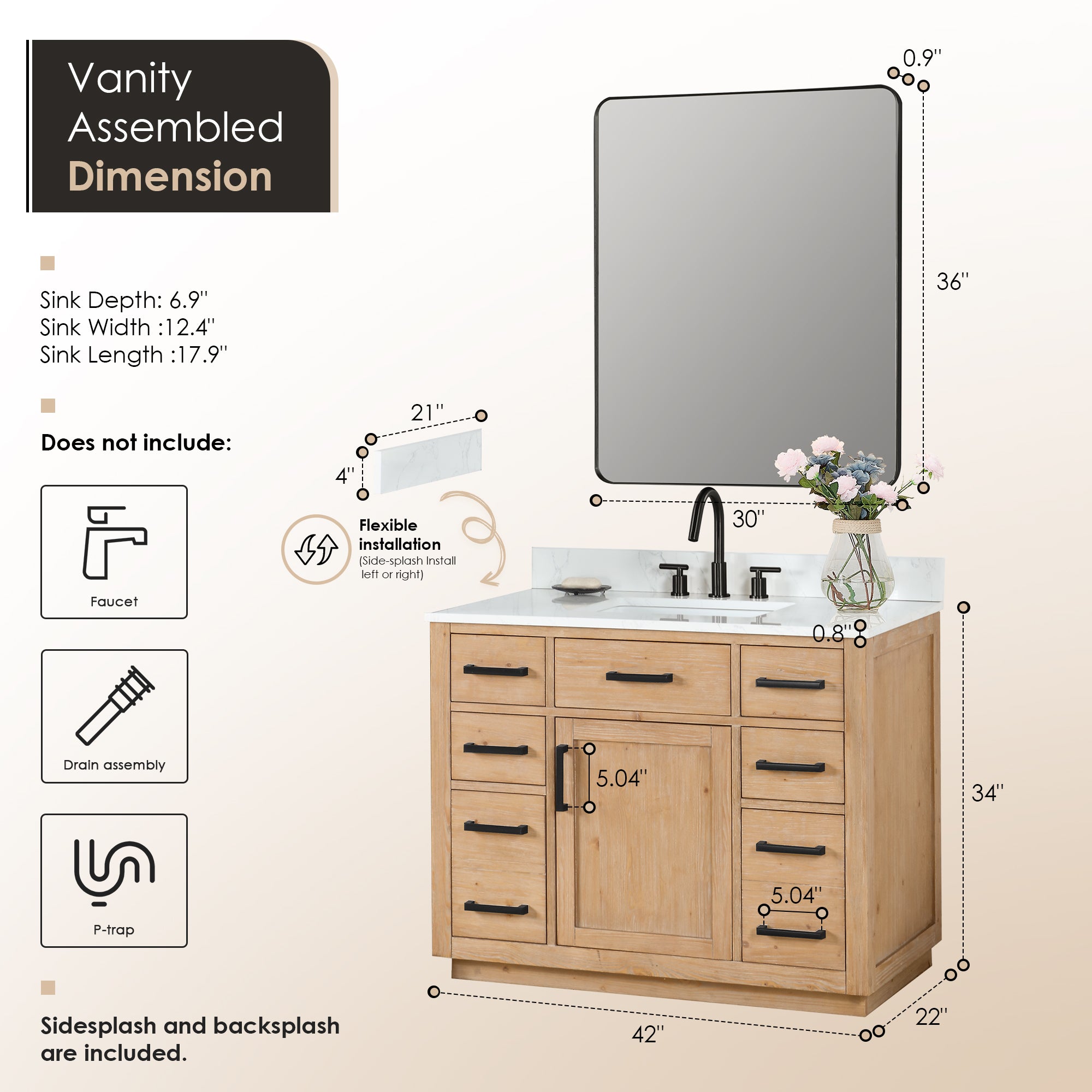 Gavino 42" Single Bathroom Vanity with Grain White Engineered Stone Countertop