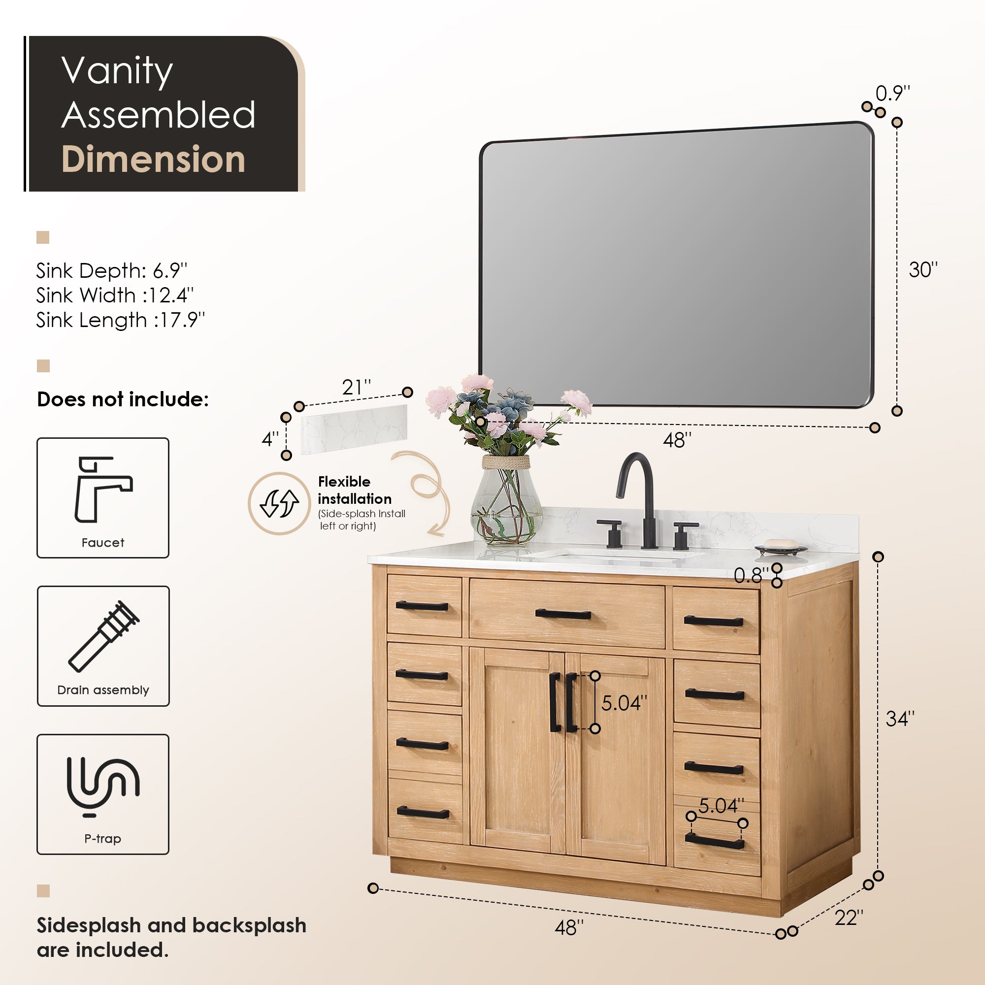 Gavino 48" Single Bathroom Vanity with Grain White Composite Stone Countertop