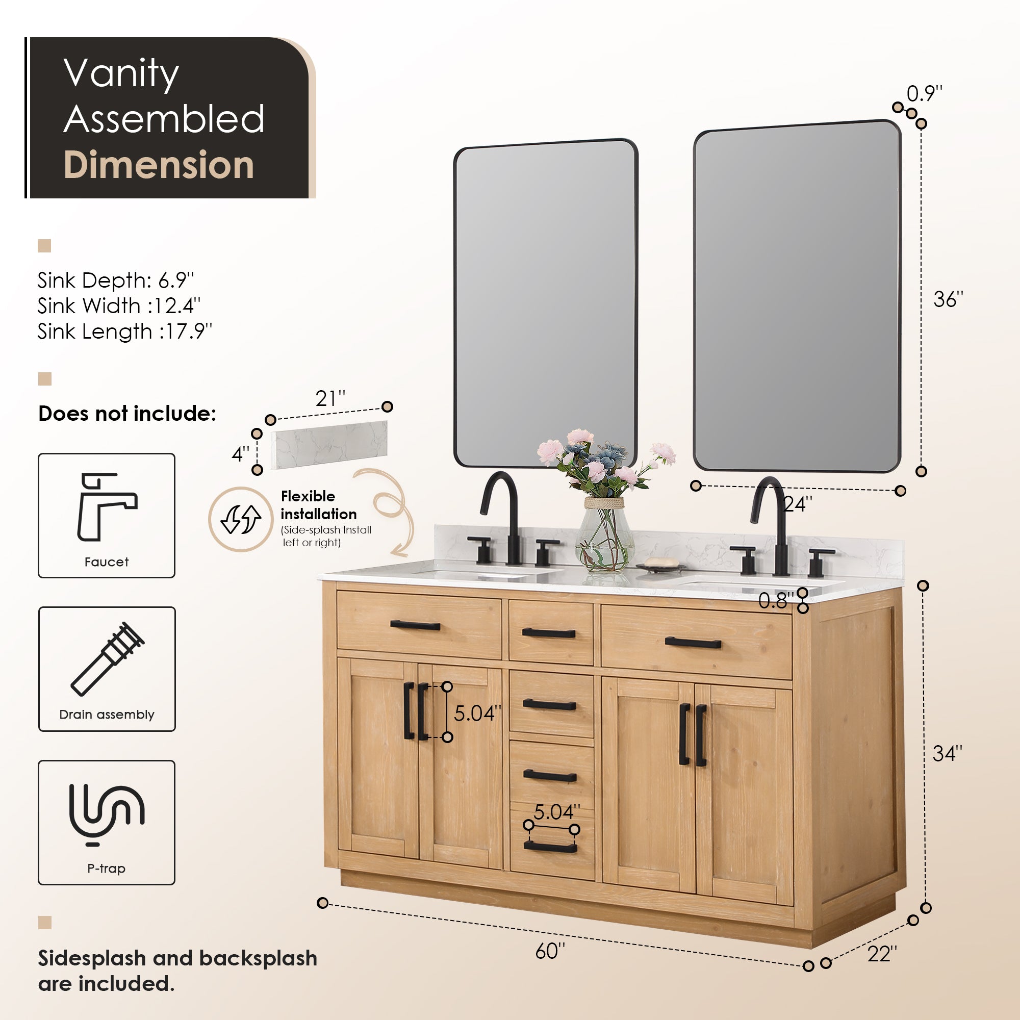 Gavino 60" Double Bathroom Vanity with Grain White Composite Stone Countertop