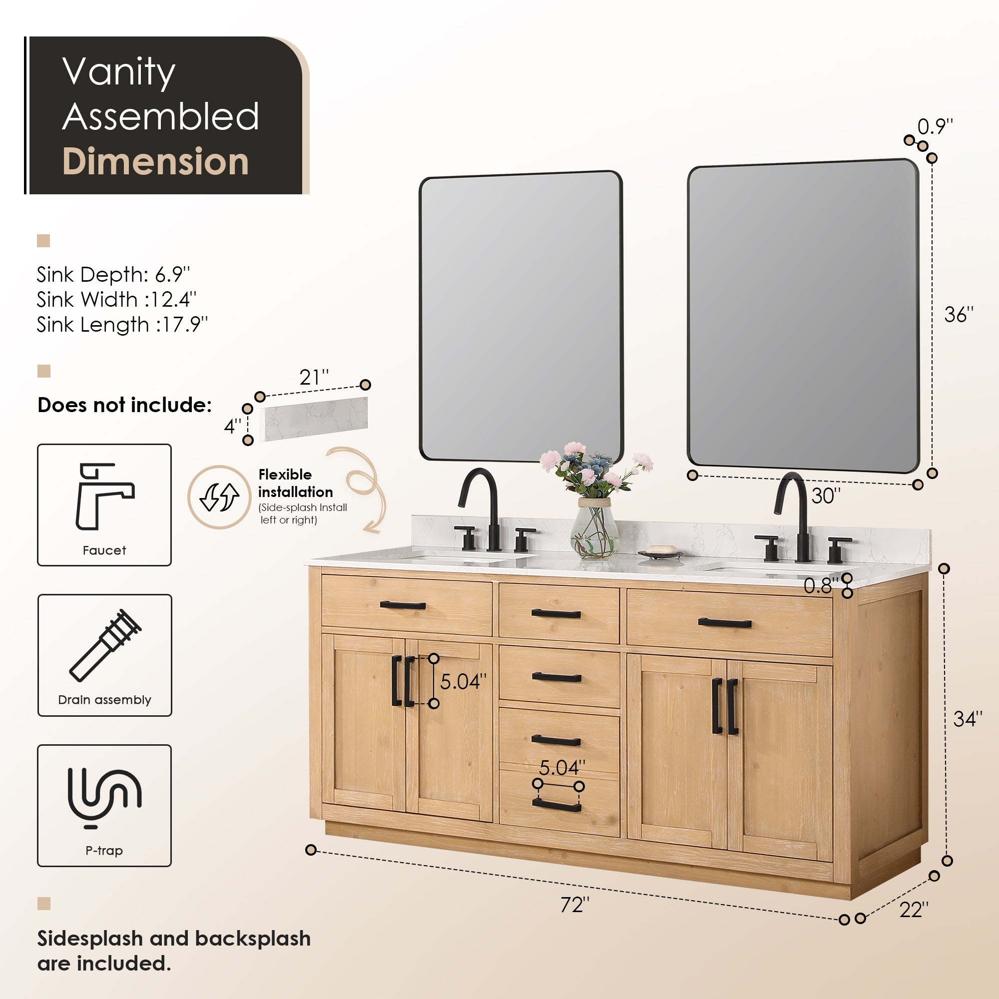 Gavino 72" Double Bathroom Vanity with Grain White Composite Stone Countertop