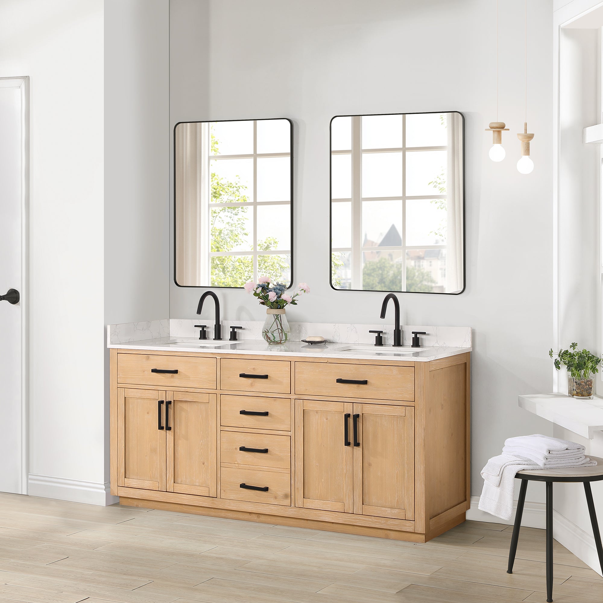 Gavino 72" Double Bathroom Vanity with Grain White Composite Stone Countertop