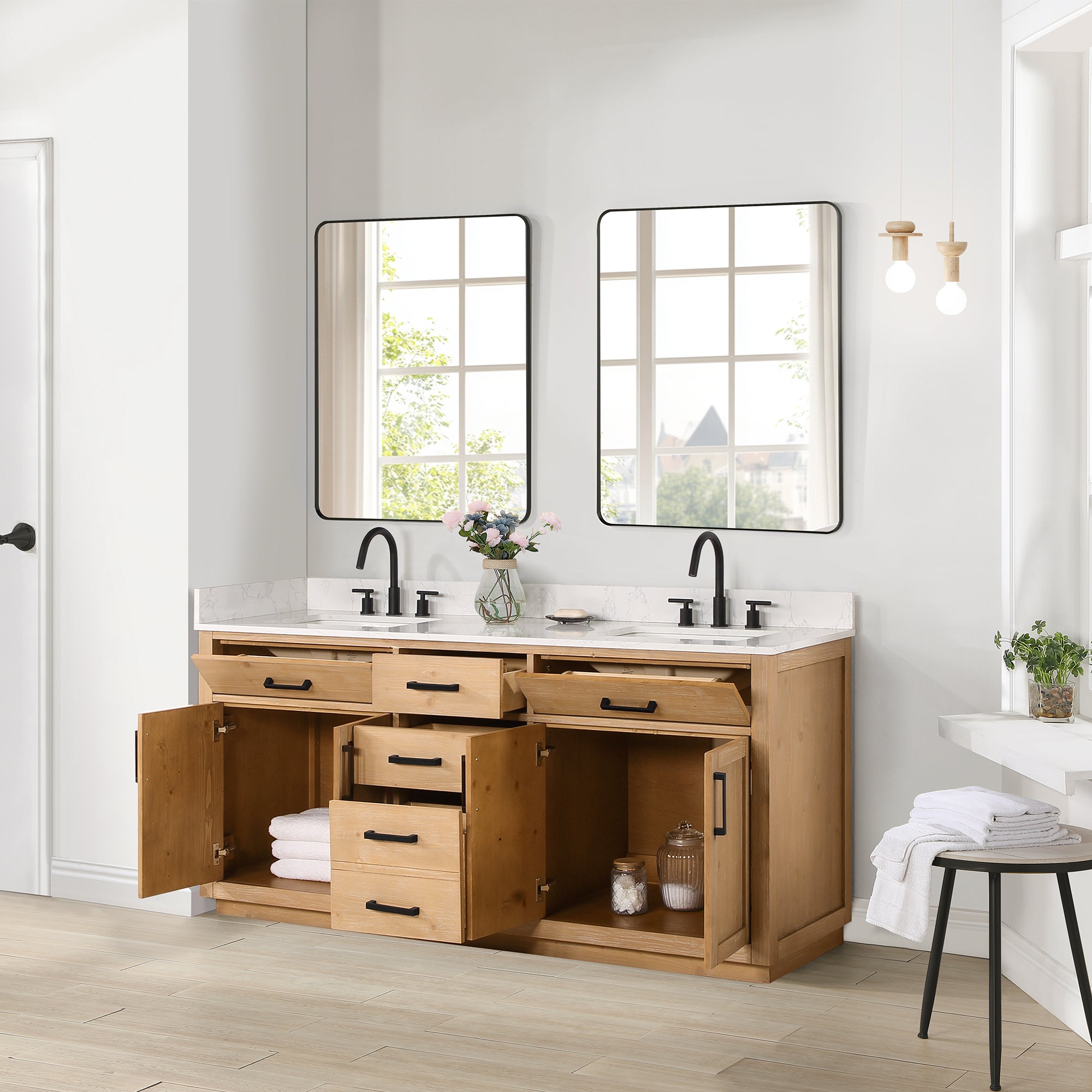 Gavino 72" Double Bathroom Vanity with Grain White Composite Stone Countertop