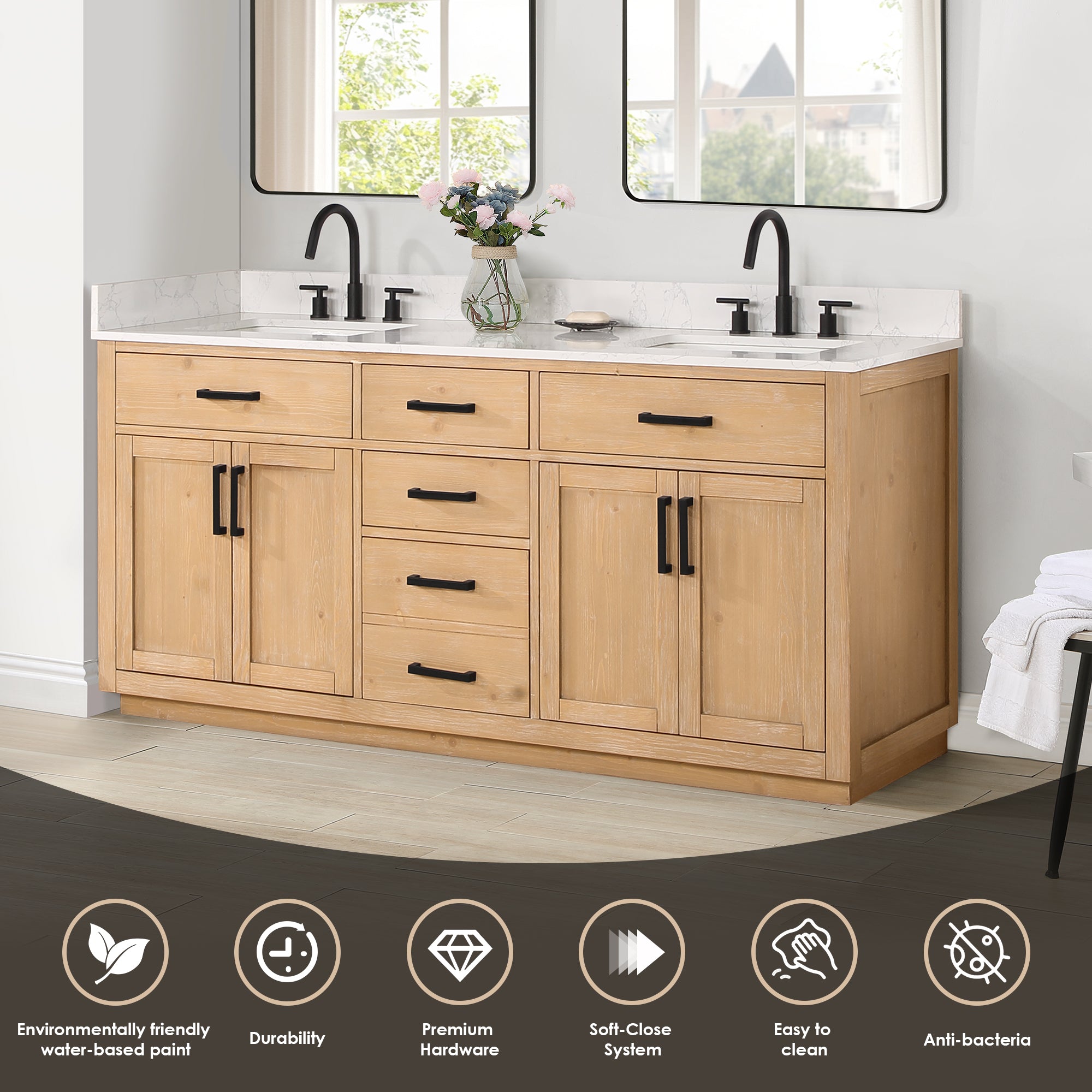 Gavino 72" Double Bathroom Vanity with Grain White Composite Stone Countertop