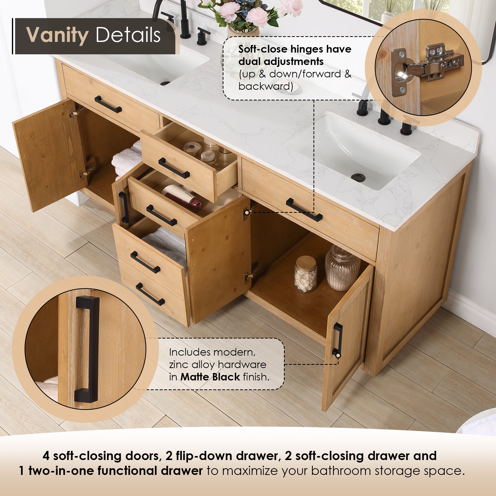 Gavino 72" Double Bathroom Vanity with Grain White Composite Stone Countertop