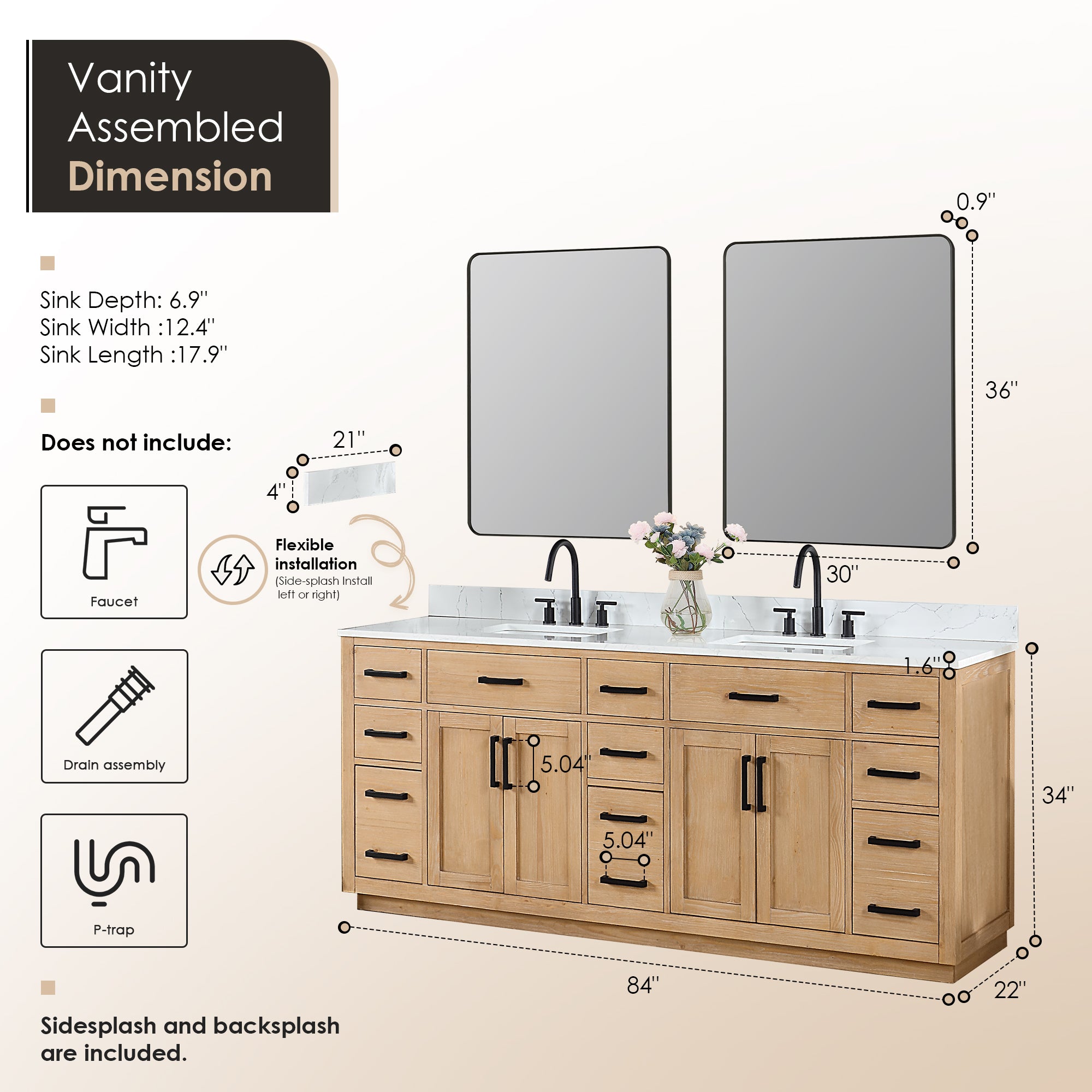 Gavino 84" Double Bathroom Vanity with Grain White Engineered Stone Countertop