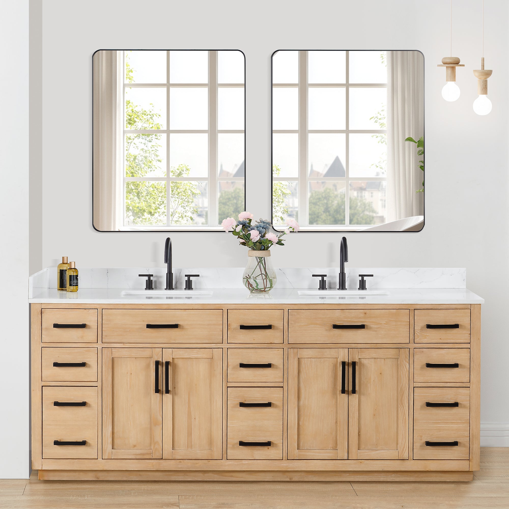 Gavino 84" Double Bathroom Vanity with Grain White Engineered Stone Countertop