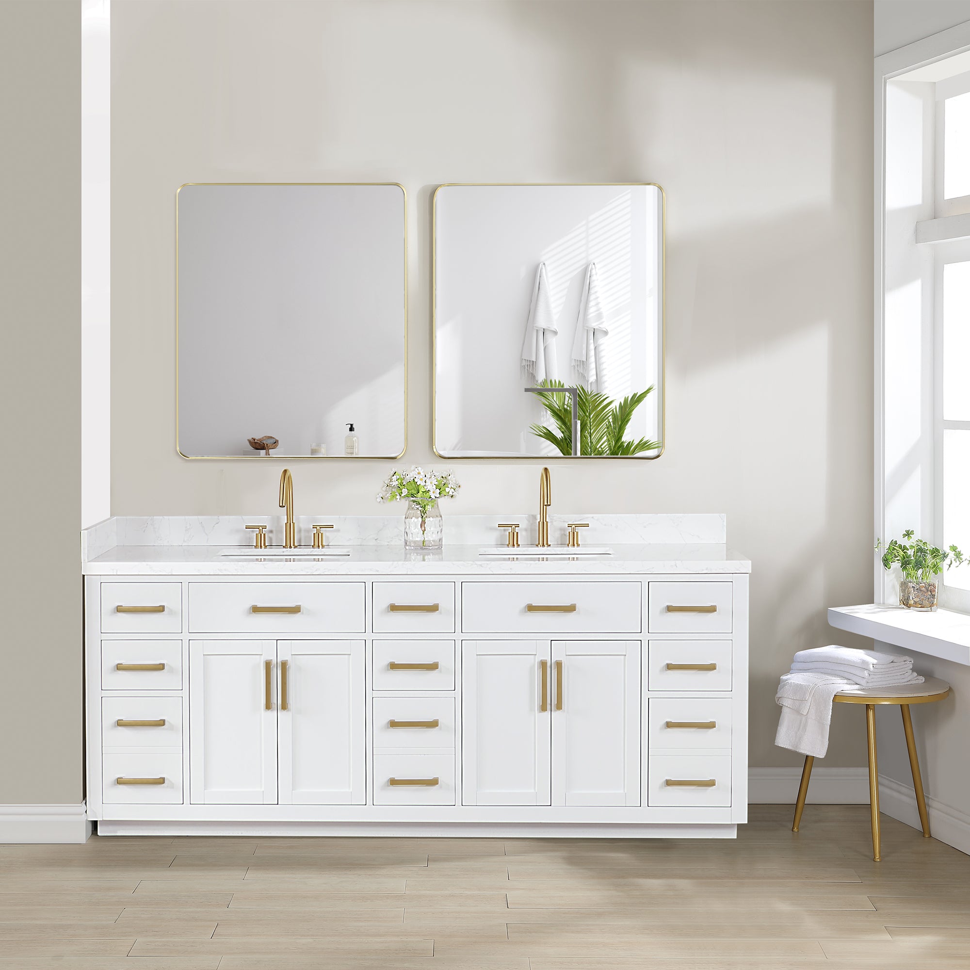 Gavino 84" Double Bathroom Vanity with Grain White Engineered Stone Countertop