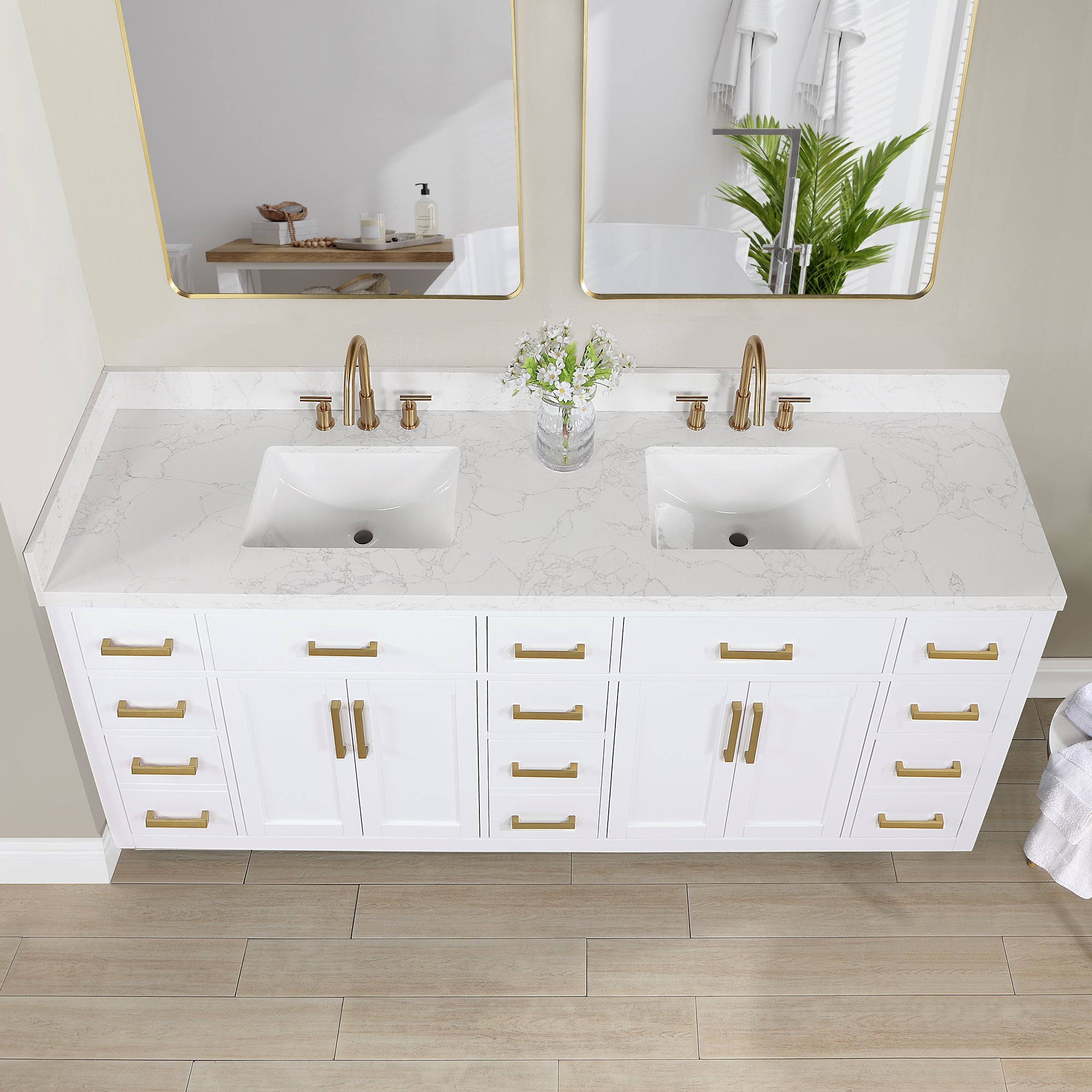 Gavino 84" Double Bathroom Vanity with Grain White Engineered Stone Countertop