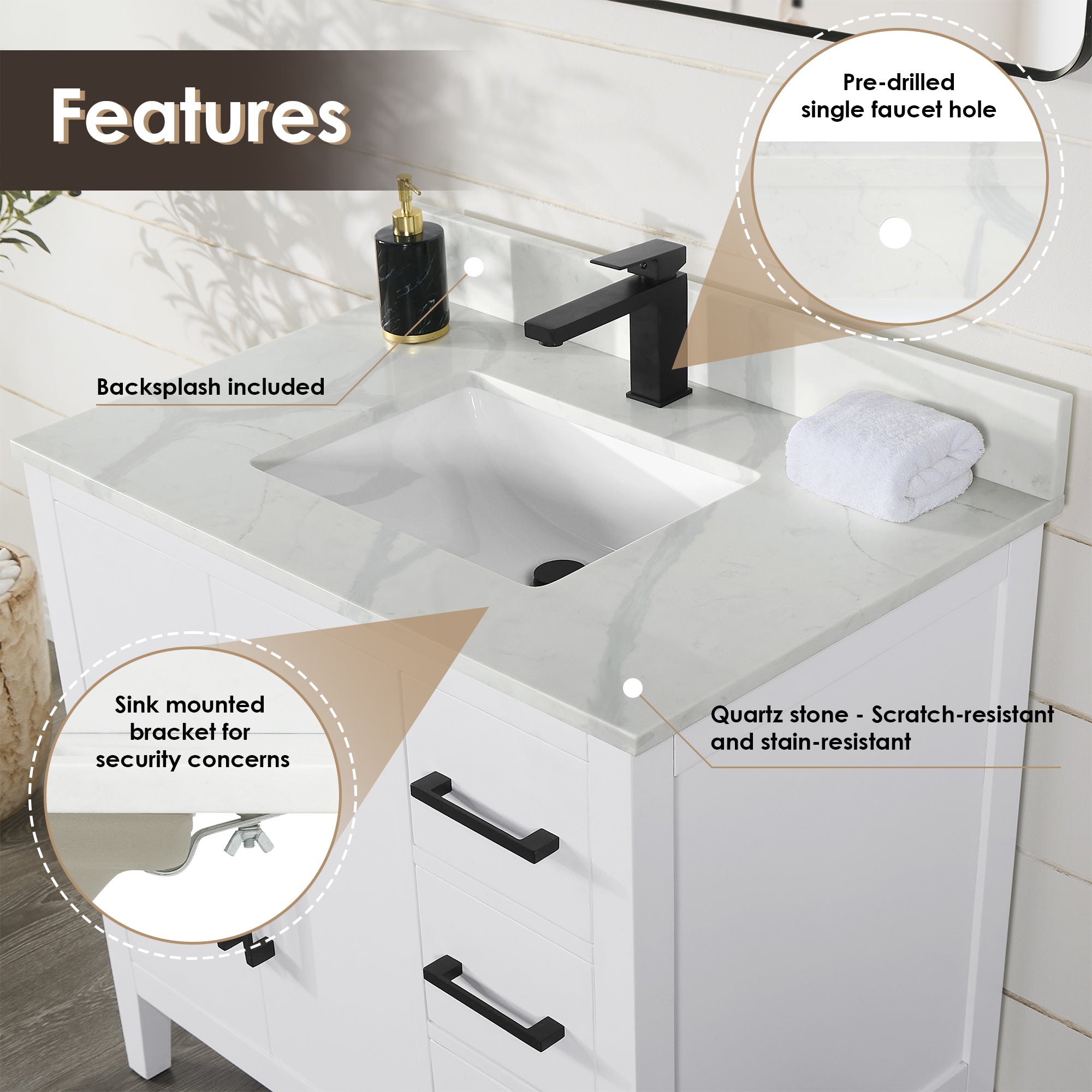 Laurel 36" Single Bathroom Vanity with Calacatta White Quartz Countertop