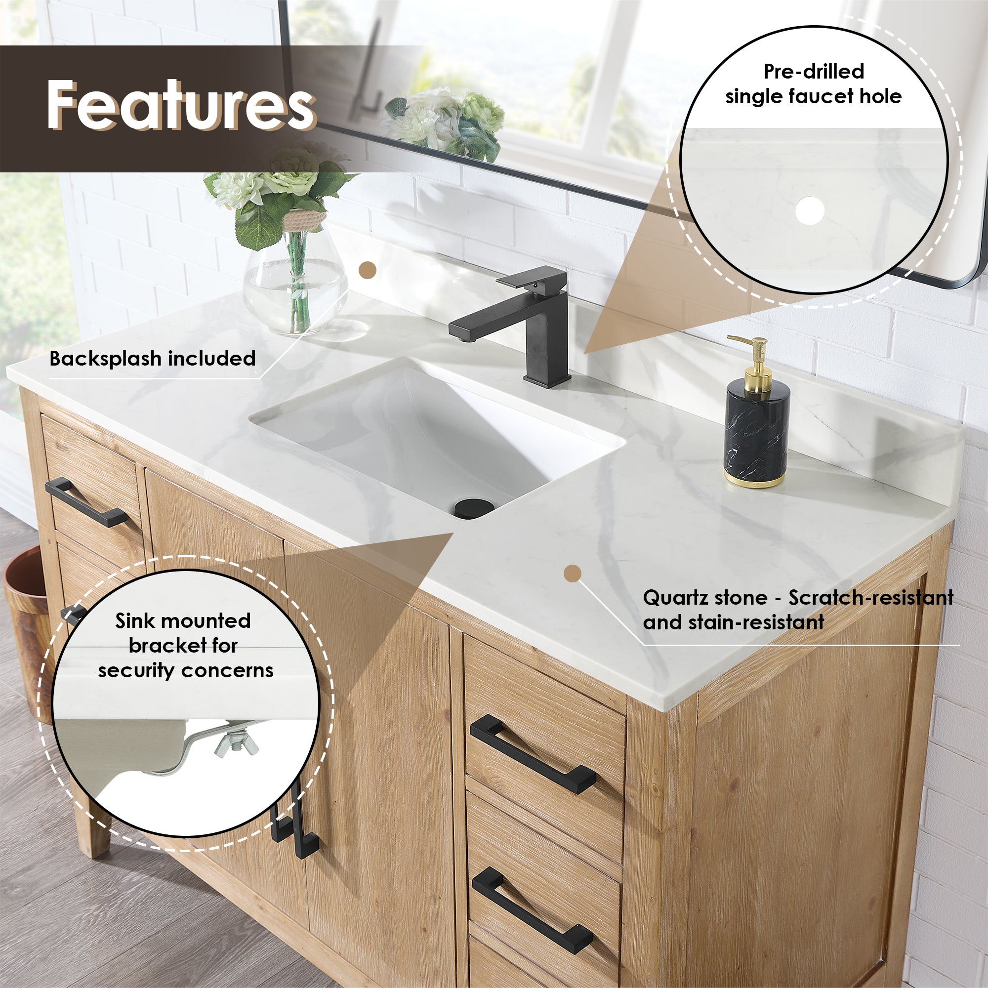 Laurel 48" Single Bathroom Vanity with Calacatta White Quartz Countertop