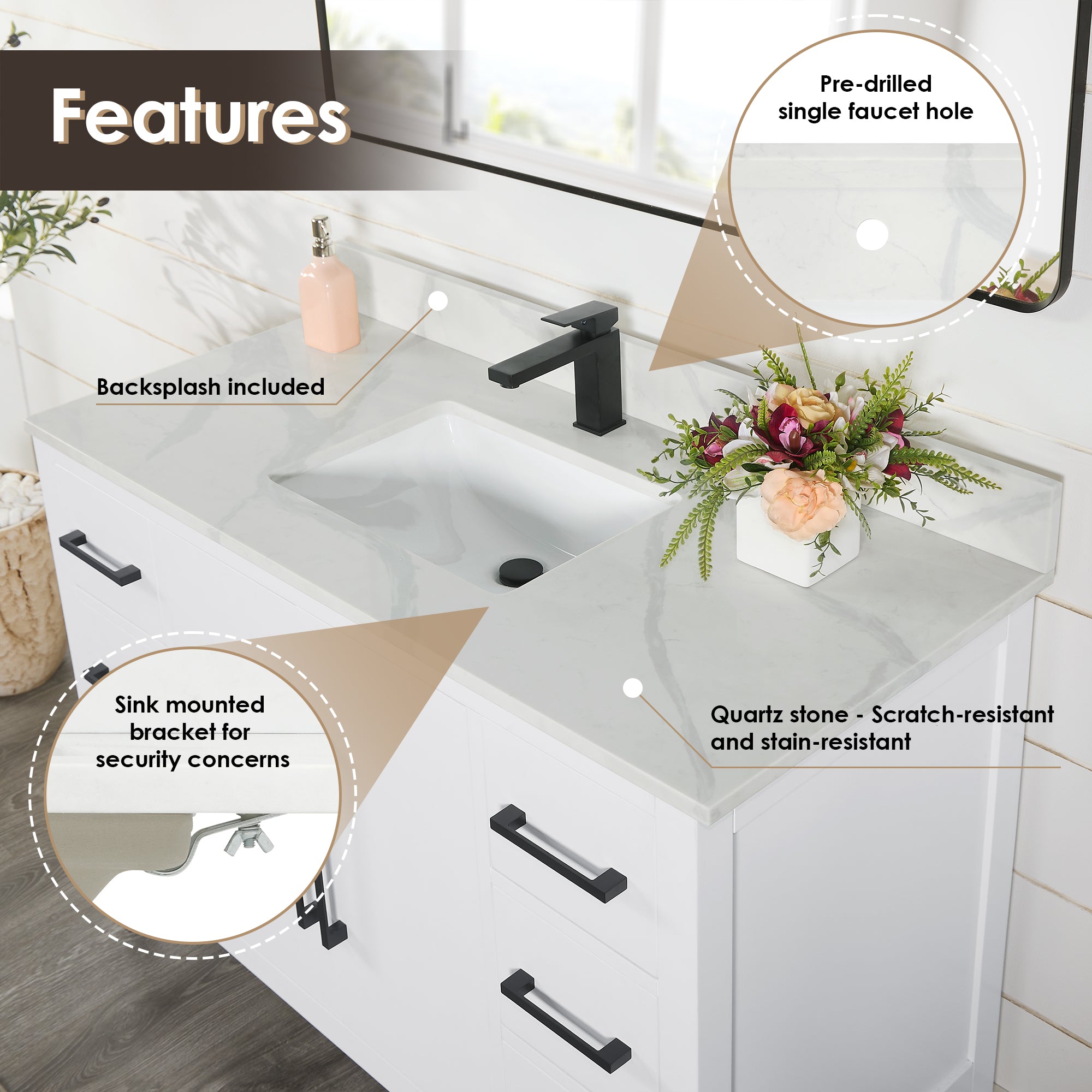 Laurel 48" Single Bathroom Vanity with Calacatta White Quartz Countertop