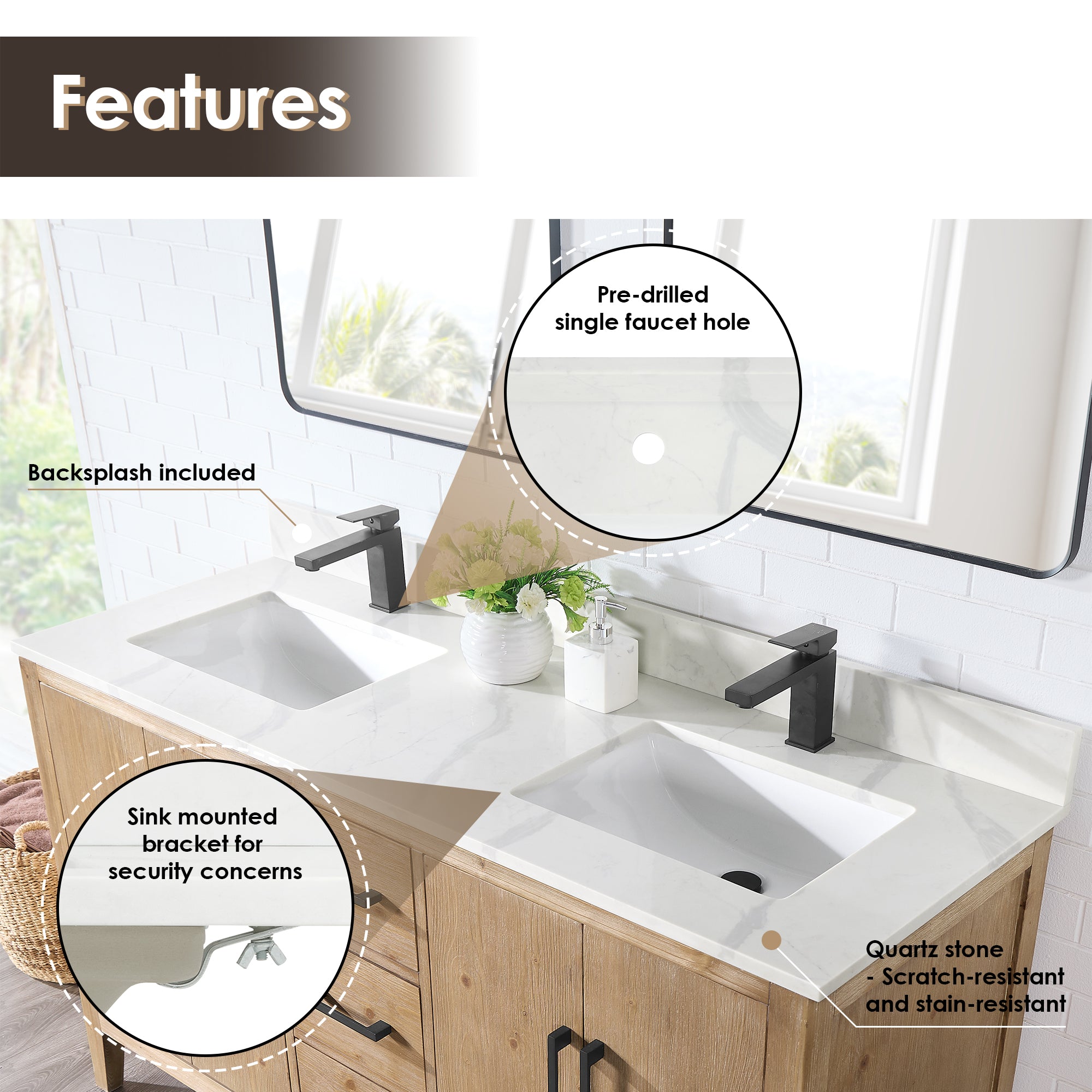 Laurel 60" Double Bathroom Vanity with Calacatta White Quartz Countertop