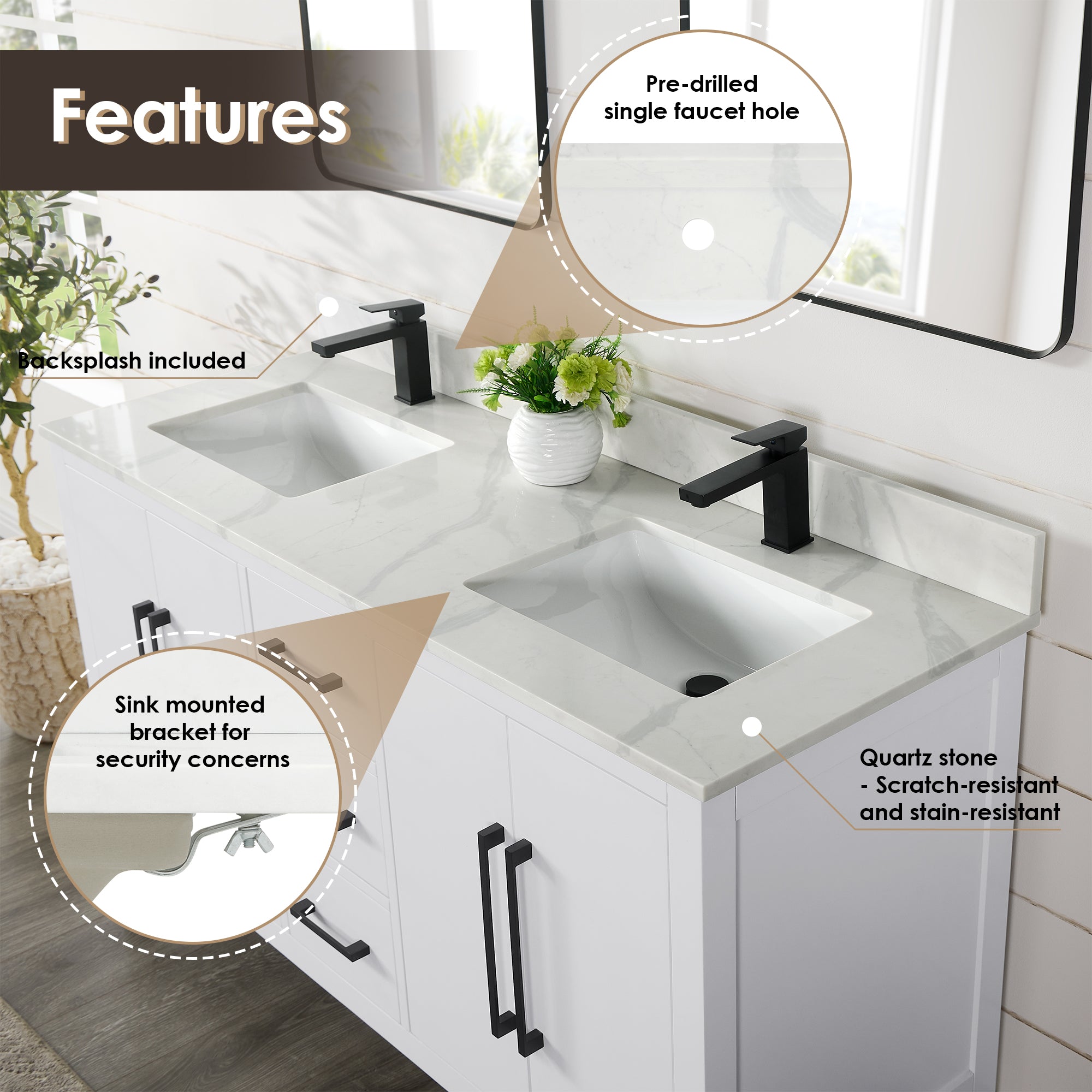 Laurel 60" Double Bathroom Vanity with Calacatta White Quartz Countertop