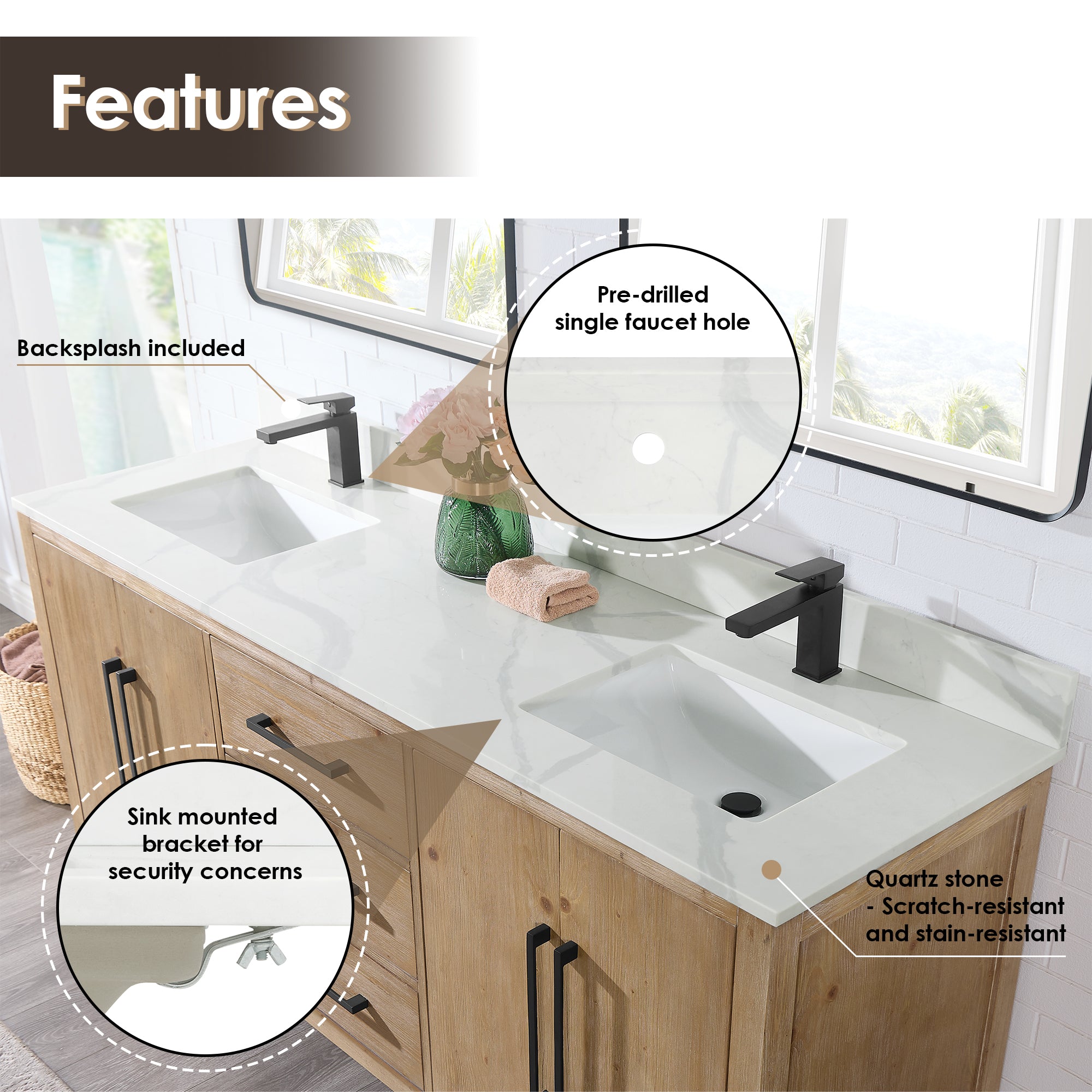 Laurel 72" Double Bathroom Vanity with Calacatta White Quartz Countertop