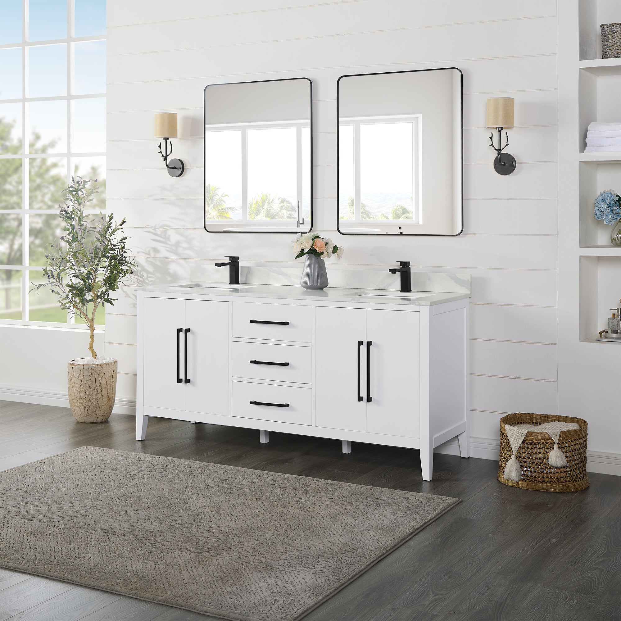 Laurel 72" Double Bathroom Vanity with Calacatta White Quartz Countertop