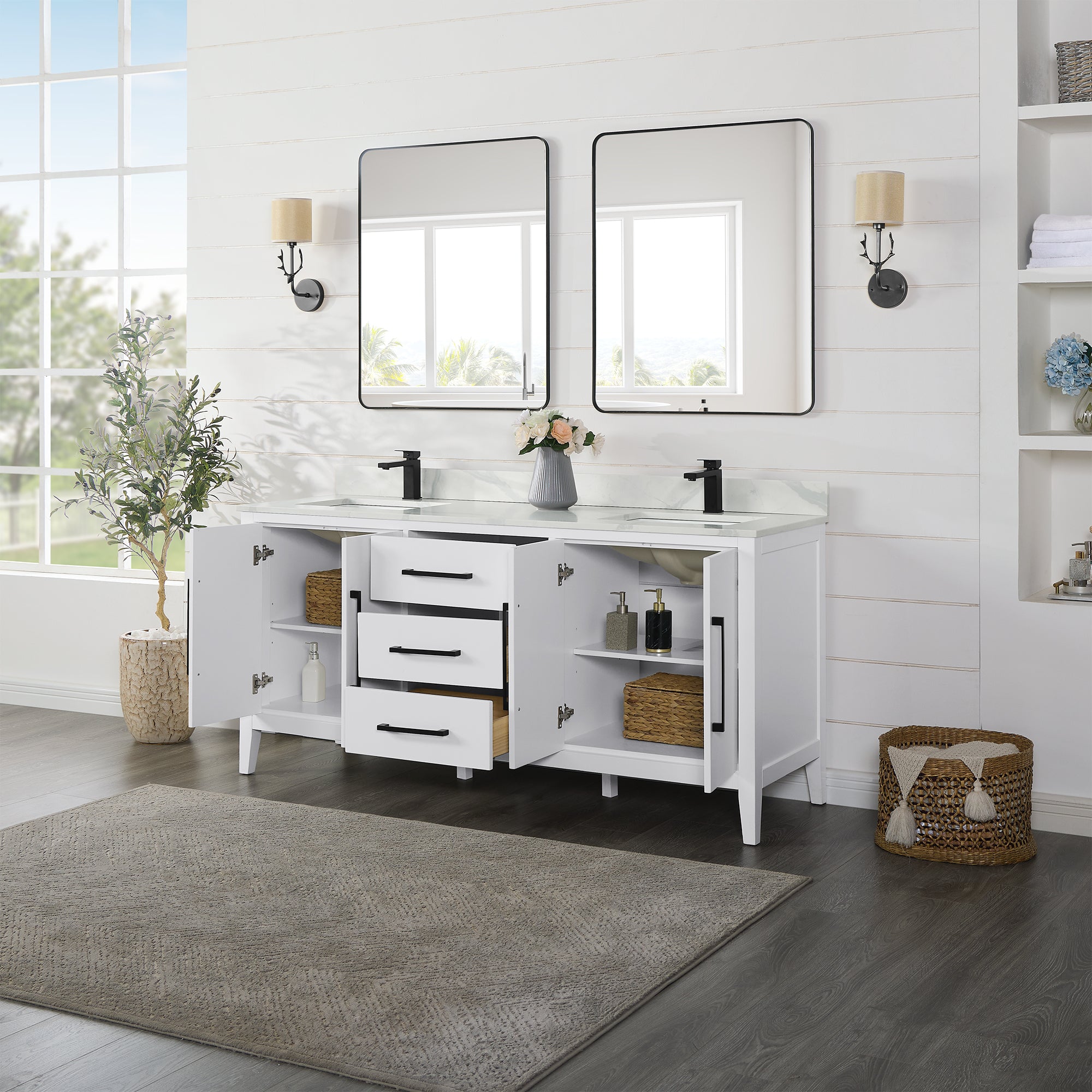 Laurel 72" Double Bathroom Vanity with Calacatta White Quartz Countertop