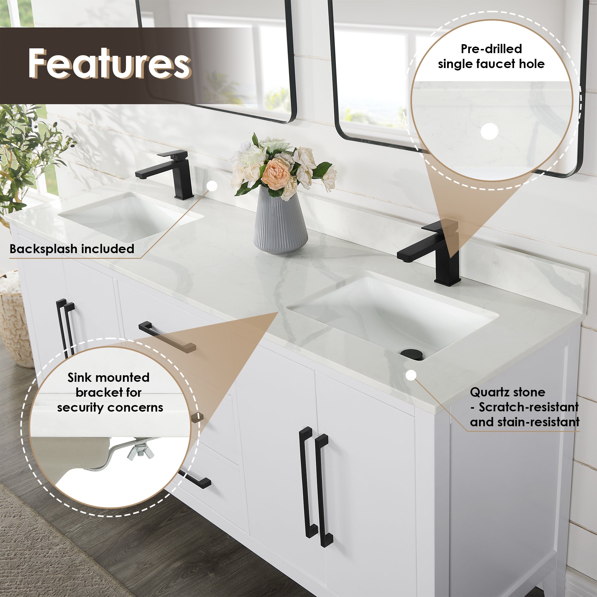 Laurel 72" Double Bathroom Vanity with Calacatta White Quartz Countertop