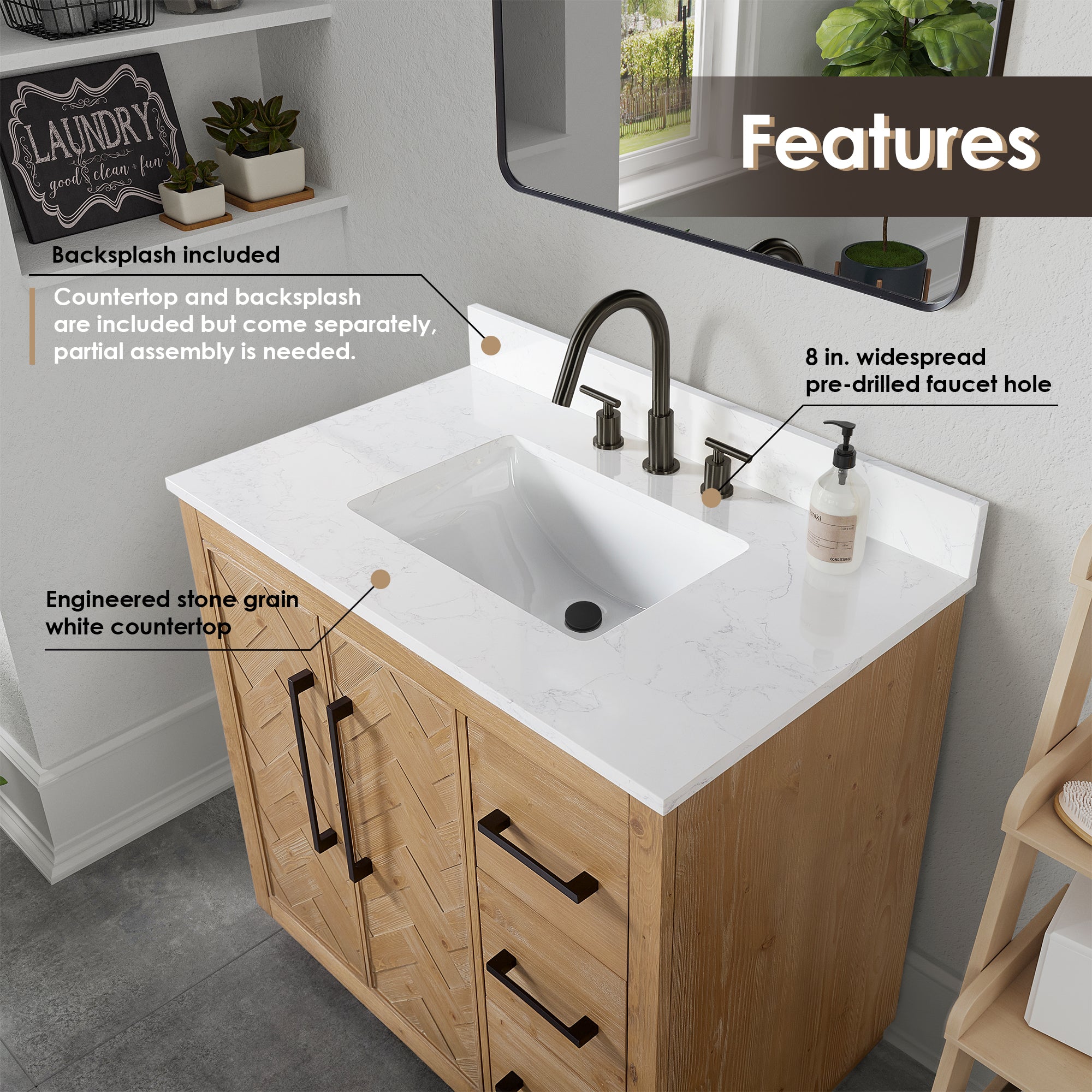 Bellavia 36" Single Bathroom Vanity in Weathered Fir with Engineered Stone Countertop