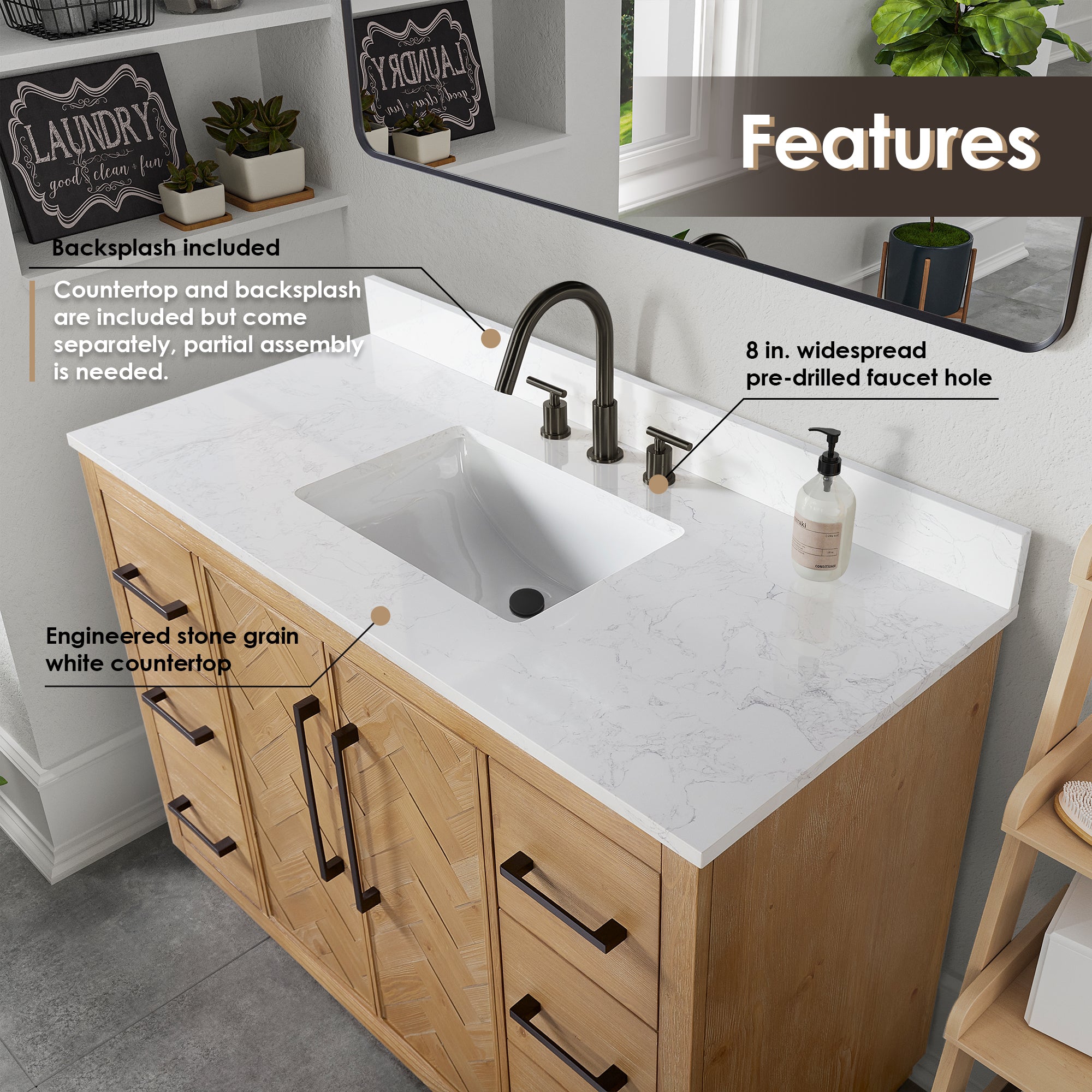 Bellavia 48" Single Bathroom Vanity in Weathered Fir with Engineered Stone Countertop