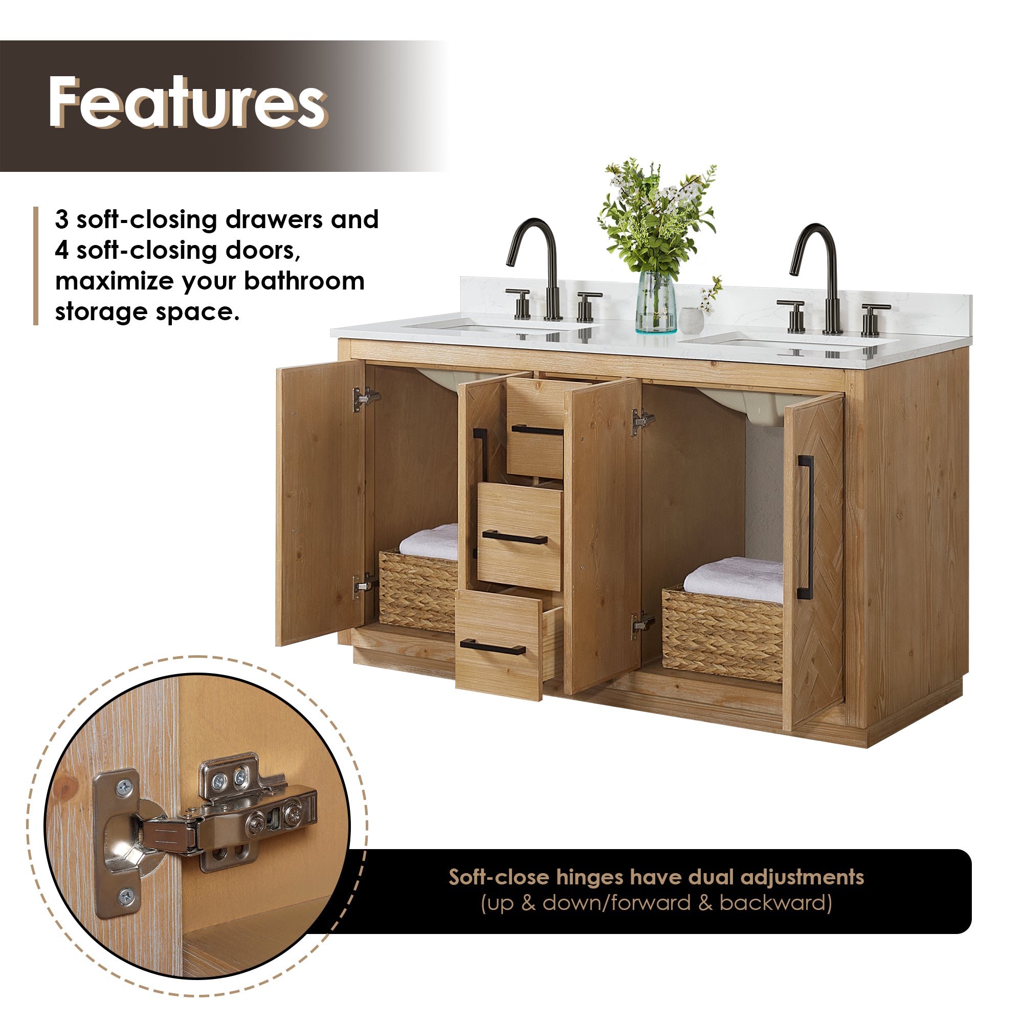 Bellavia 60" Double Bathroom Vanity in Weathered Fir with Engineered Stone Countertop