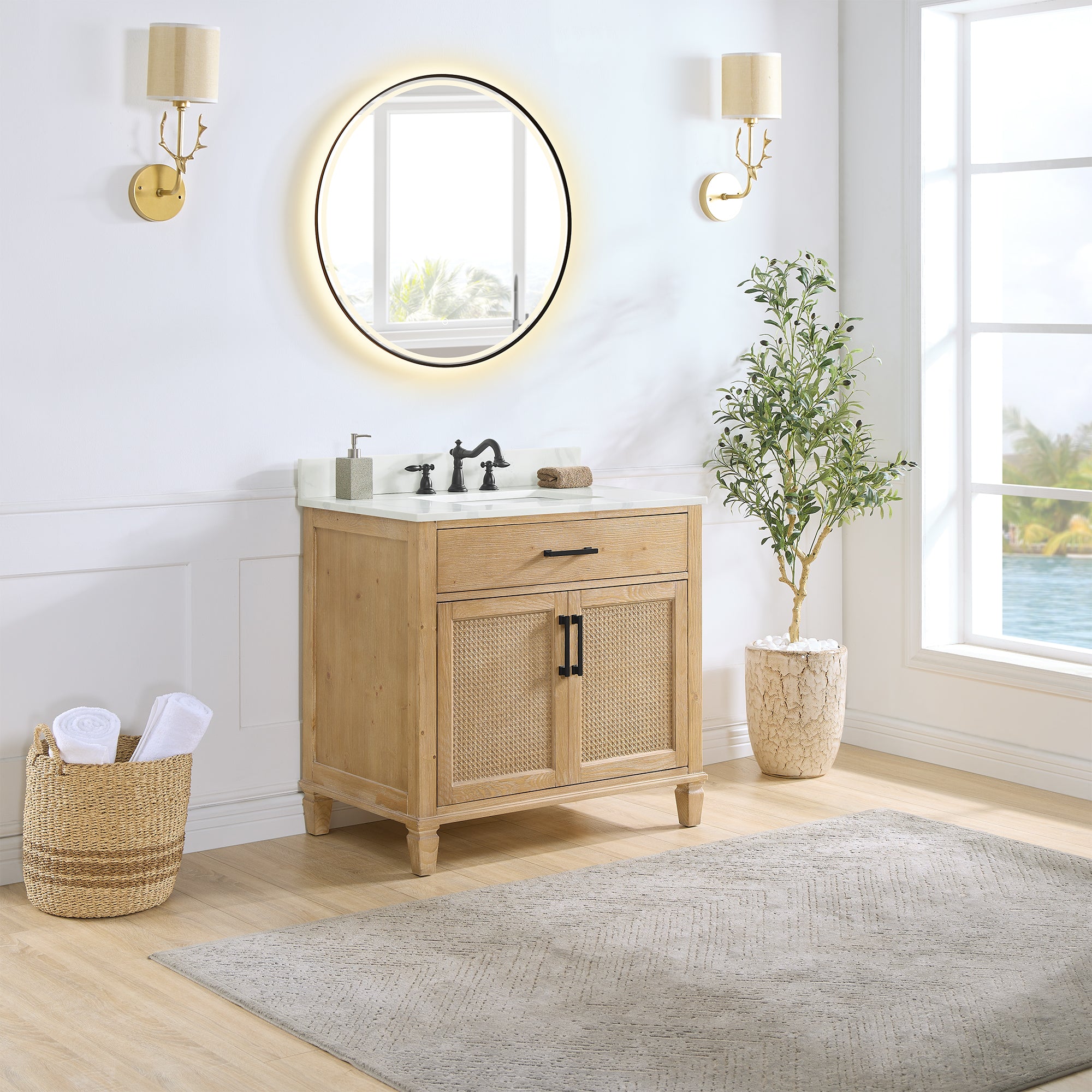 Solana 36" Single Bathroom Vanity in Weathered Fir with Calacatta White Quartz Countertop