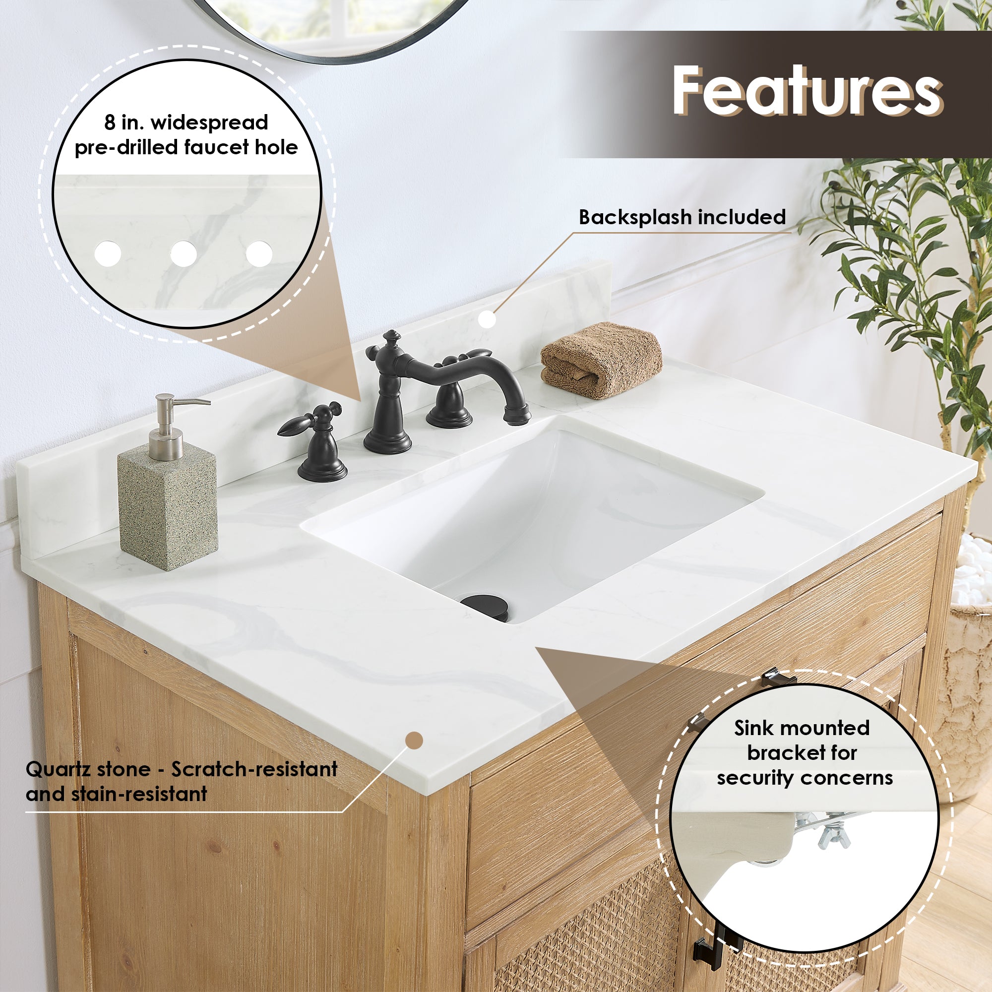 Solana 36" Single Bathroom Vanity in Weathered Fir with Calacatta White Quartz Countertop