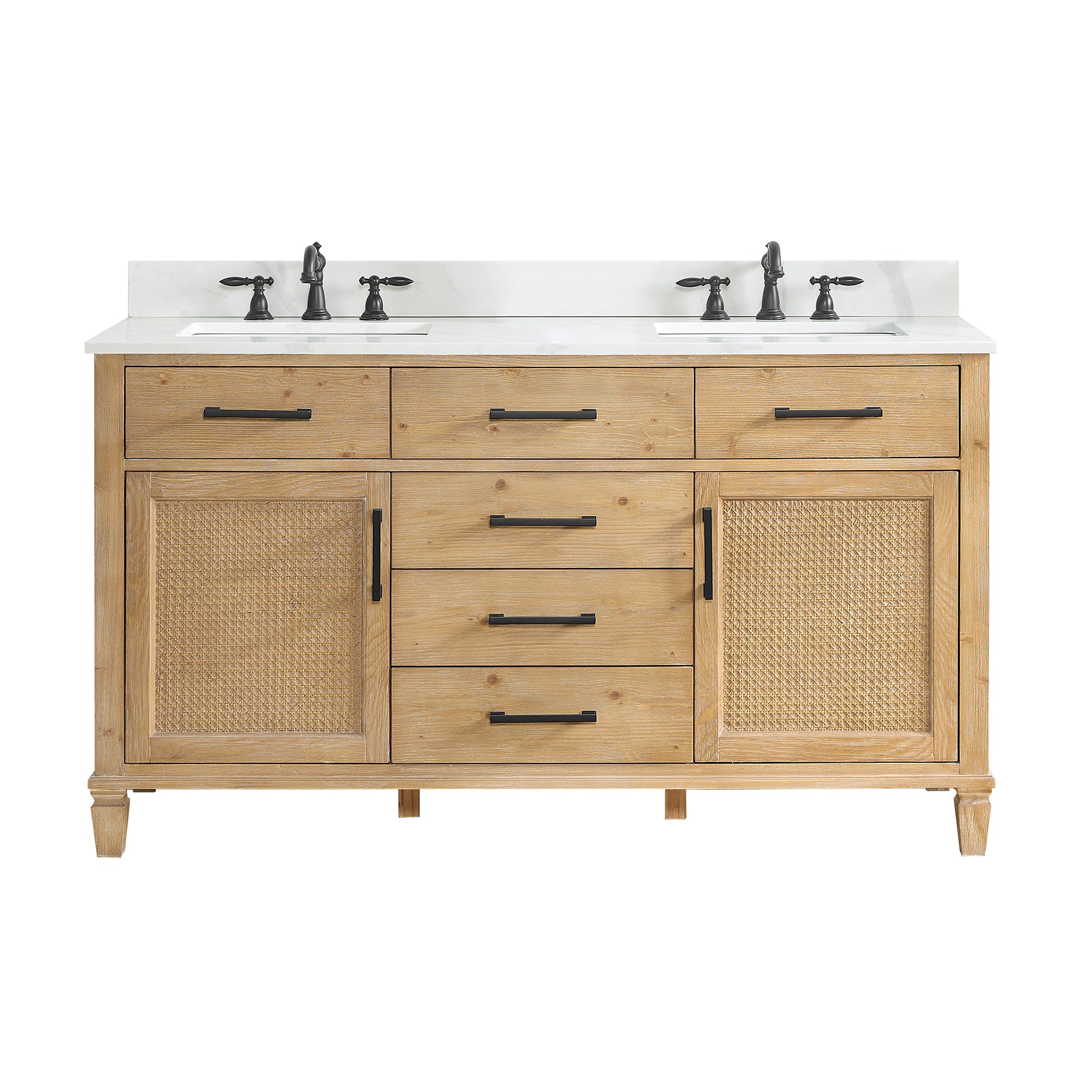 Solana 60" Double Bathroom Vanity in Weathered Fir with Calacatta White Quartz Countertop